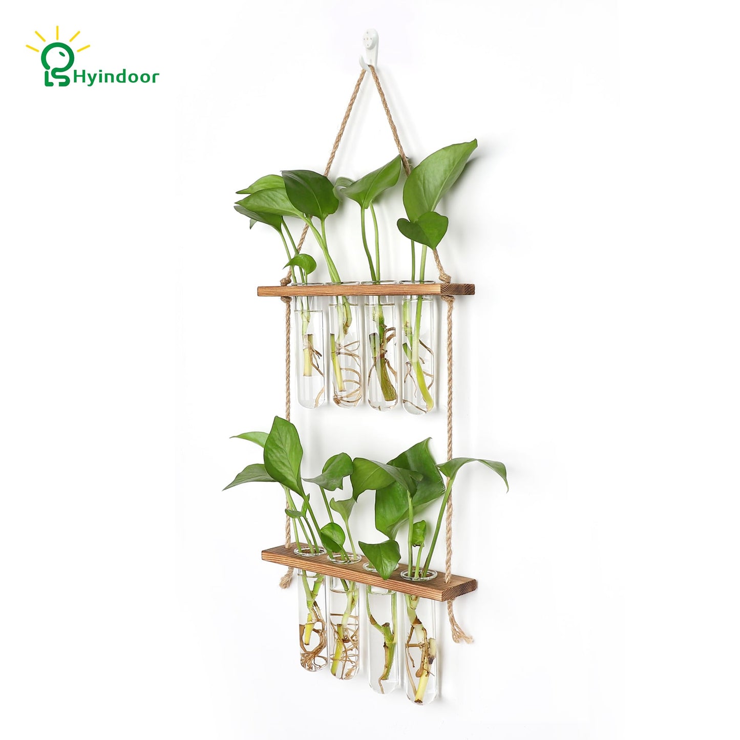 HYINDOOR Wall Hanging Planter Terrarium 2 Tired Test Tube Vase Glass Planter Plant Propagation Station Plant Hangers of Rope with Wooden Stand and 8 Tubes for Hydroponic Plant Cutting