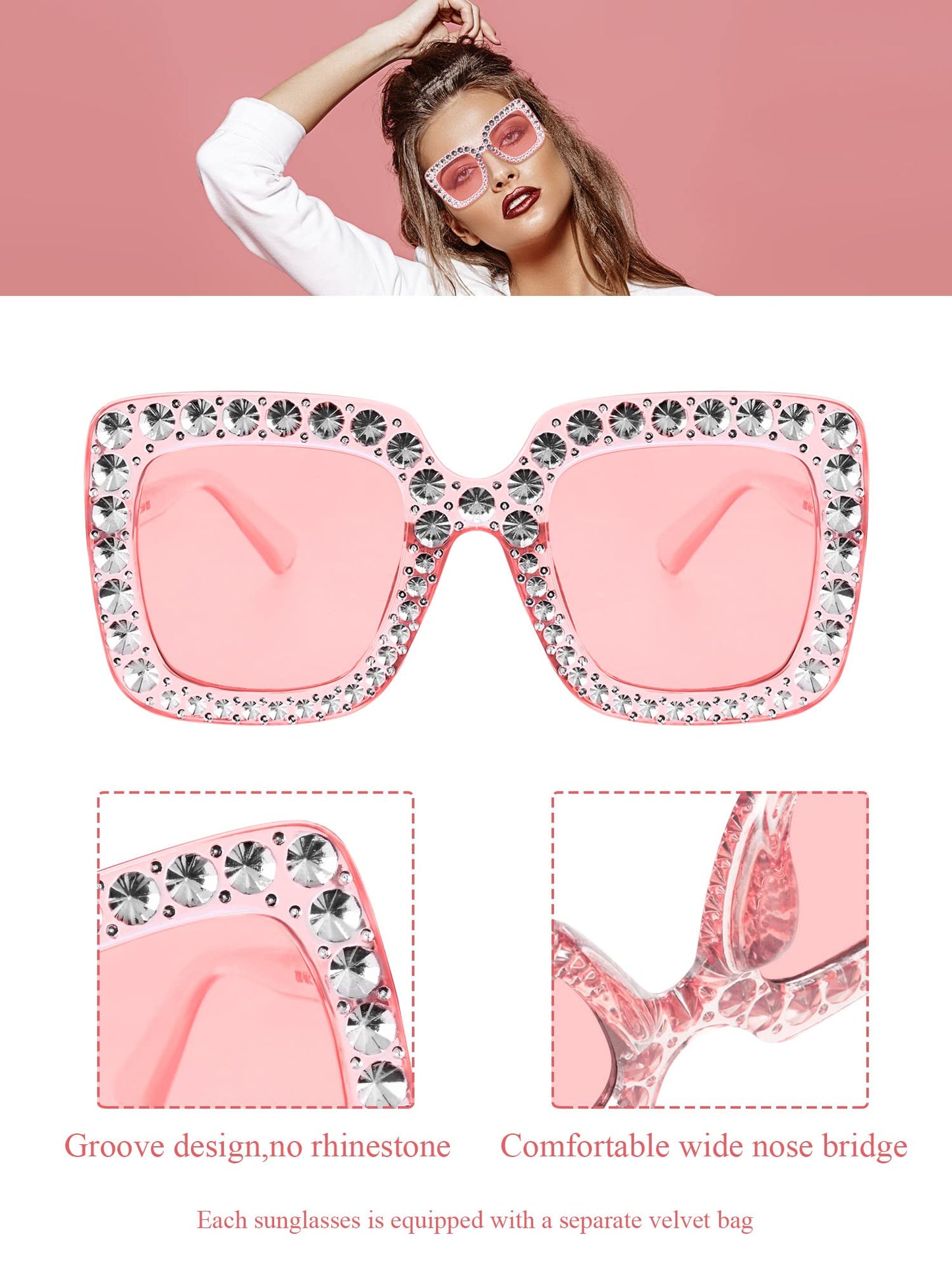 Frienda 2 Pieces Oversize Square Sparkling Sunglasses Retro Thick Frame Sunglasses for Women(Clear Pink, Clear Tawny)