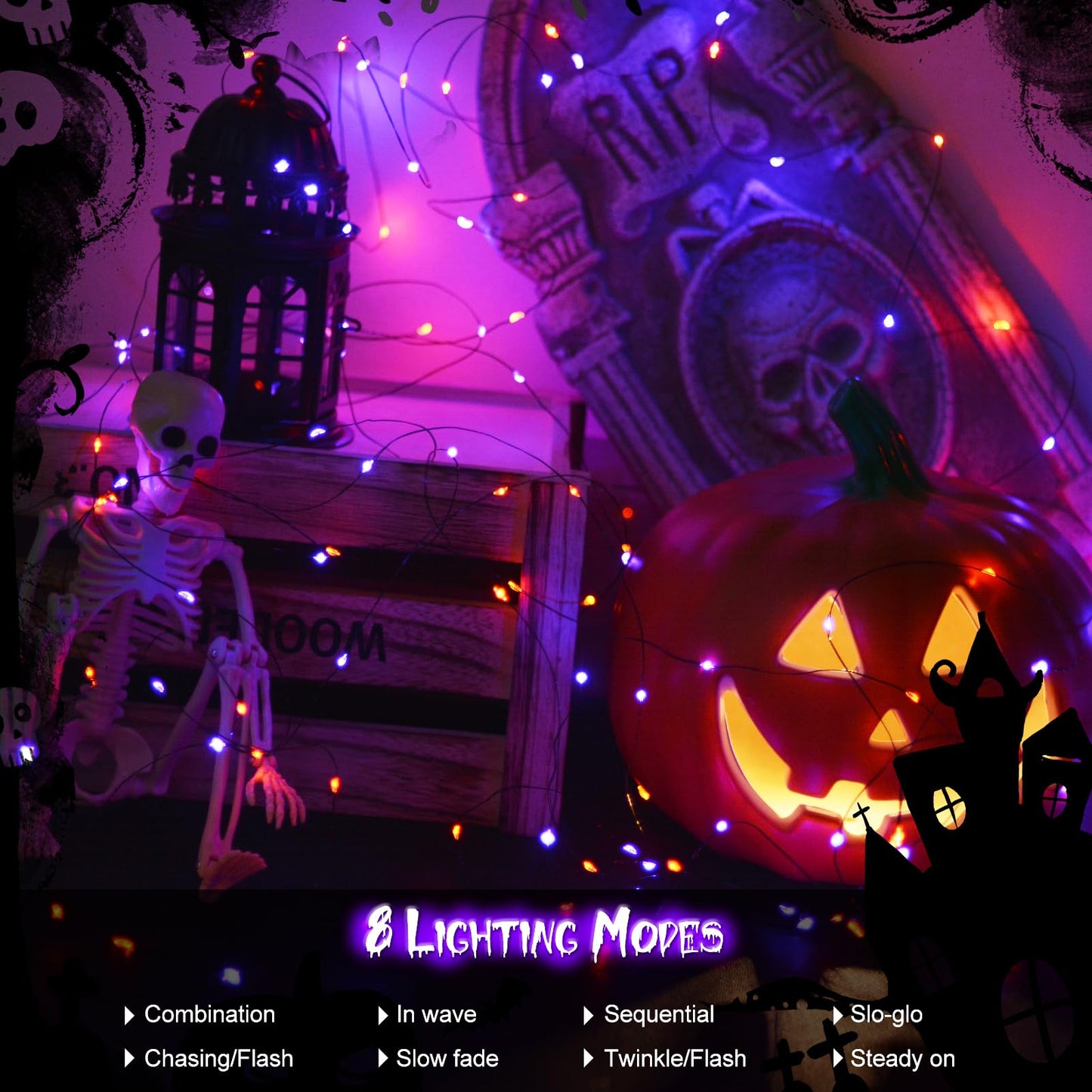 2 Pack Halloween Fairy Lights Battery Operated 200 LED 66Ft Silver Wire Starry String Lights Auto Timer 8 Modes Waterproof Mini String Lights for Outdoor Garden Yard, Fence Decor (Purple & Orange)
