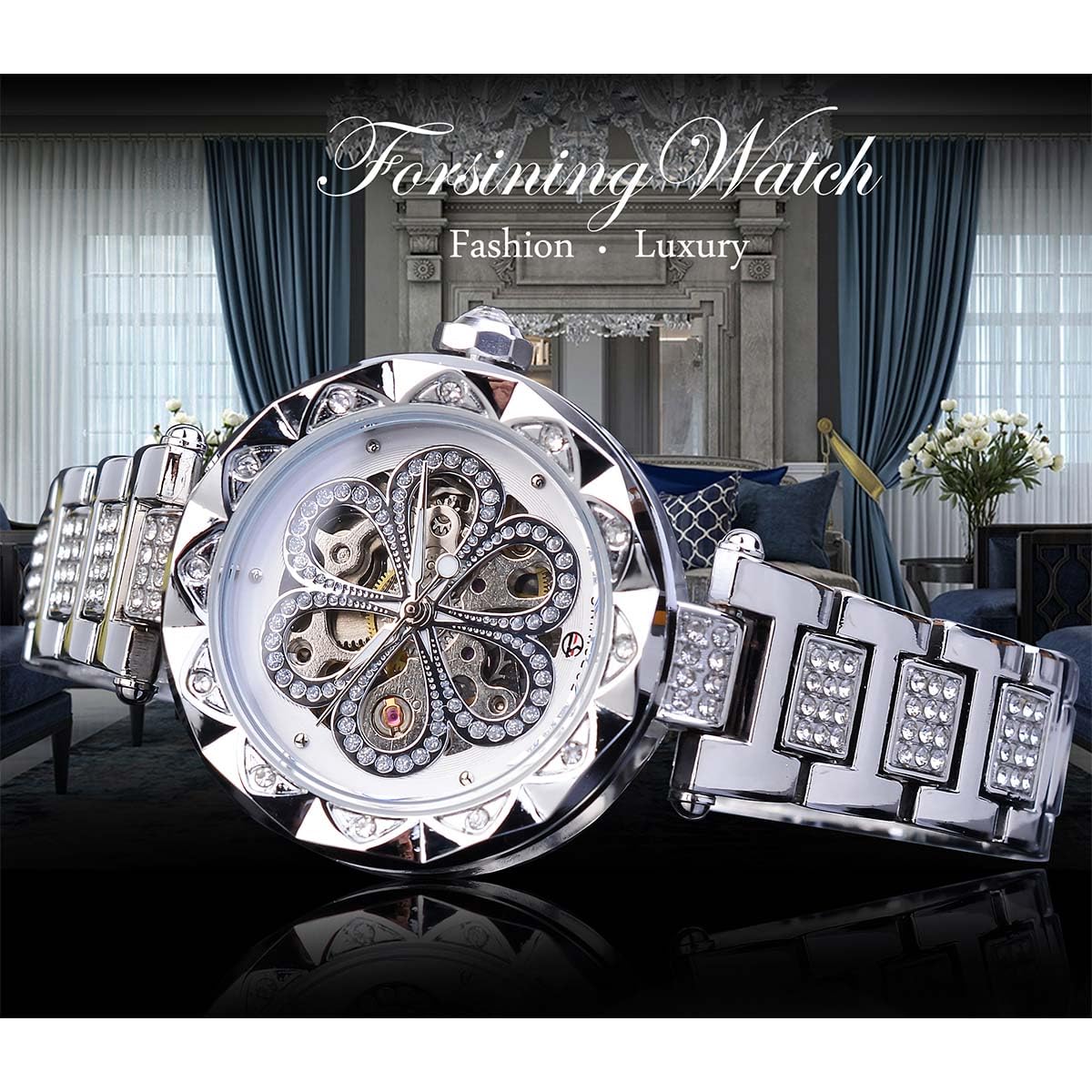 FORSINING Women Automatic Mechanical Watches Skeleton Steampunk Watch with Diamond and Carving Flower Craft Cold Watch for Women Minimalist Retro Design Mechanical Skeleton Wrist Watch Transparent