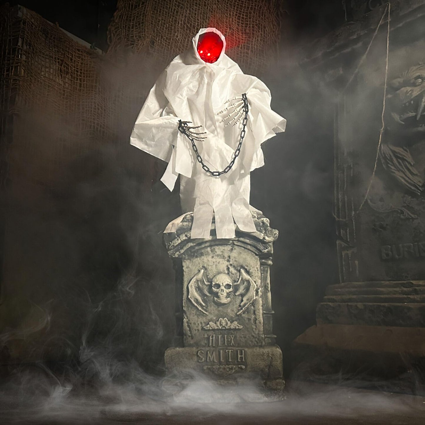 Haunted Hill Farm 4.2-Ft Animated Spectre on Tomb, Halloween Accessory, Scary Horror Movie Party Decoration, Creepy Ghost Prop, Spooky Occult Indoor Décor with Touch-Activated Lights & Sound