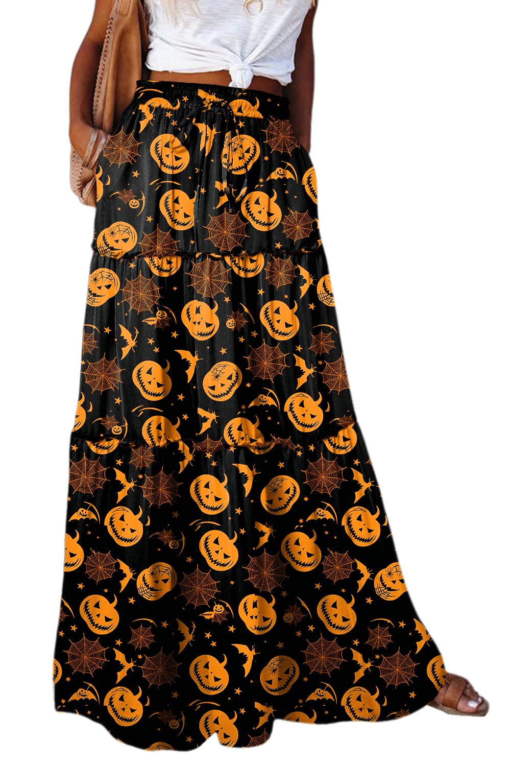 EARKOHA Womens Casual High Waist Tie Paisley Print Long Maxi Skirt with Pockets Halloween Pumpkin M