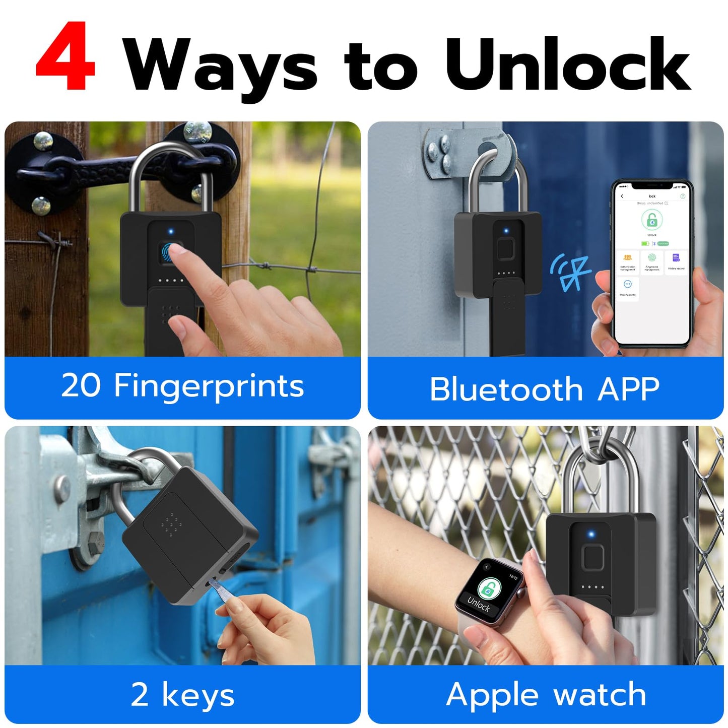 Fingerprint Padlock, Dhiedas Pad Lock with Fingerprint Bluetooth Key Waterproof Heavy Duty Combination Lock for Outdoor Fence Gate Shed Warehouse Gym Storage Yard