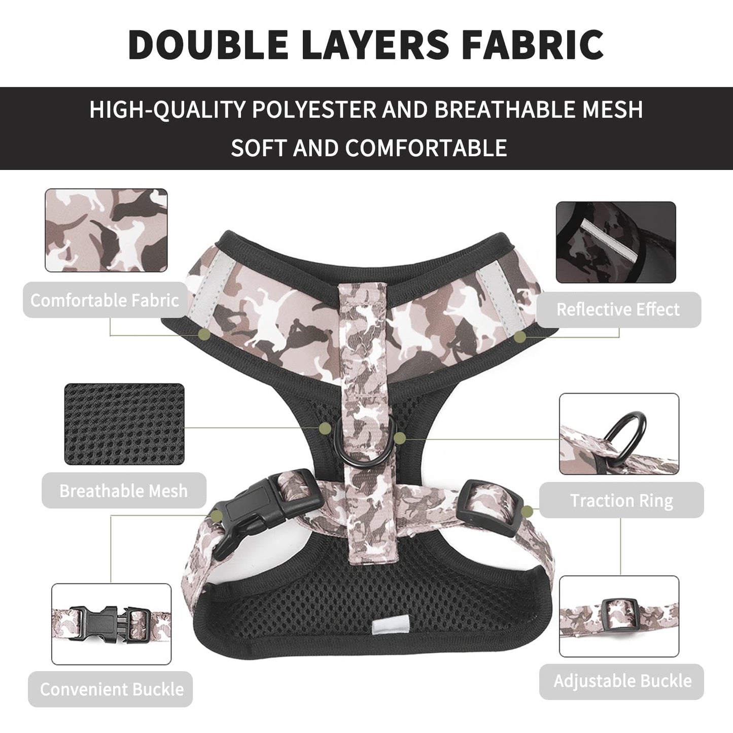 Dog Harness and Leash Set for Small Dogs, Adjustable Reflective No Pull Dog Vest Harness for Puppy with Bow-tie Collar, Leash and Poop Bag (M, Grey Camouflage)