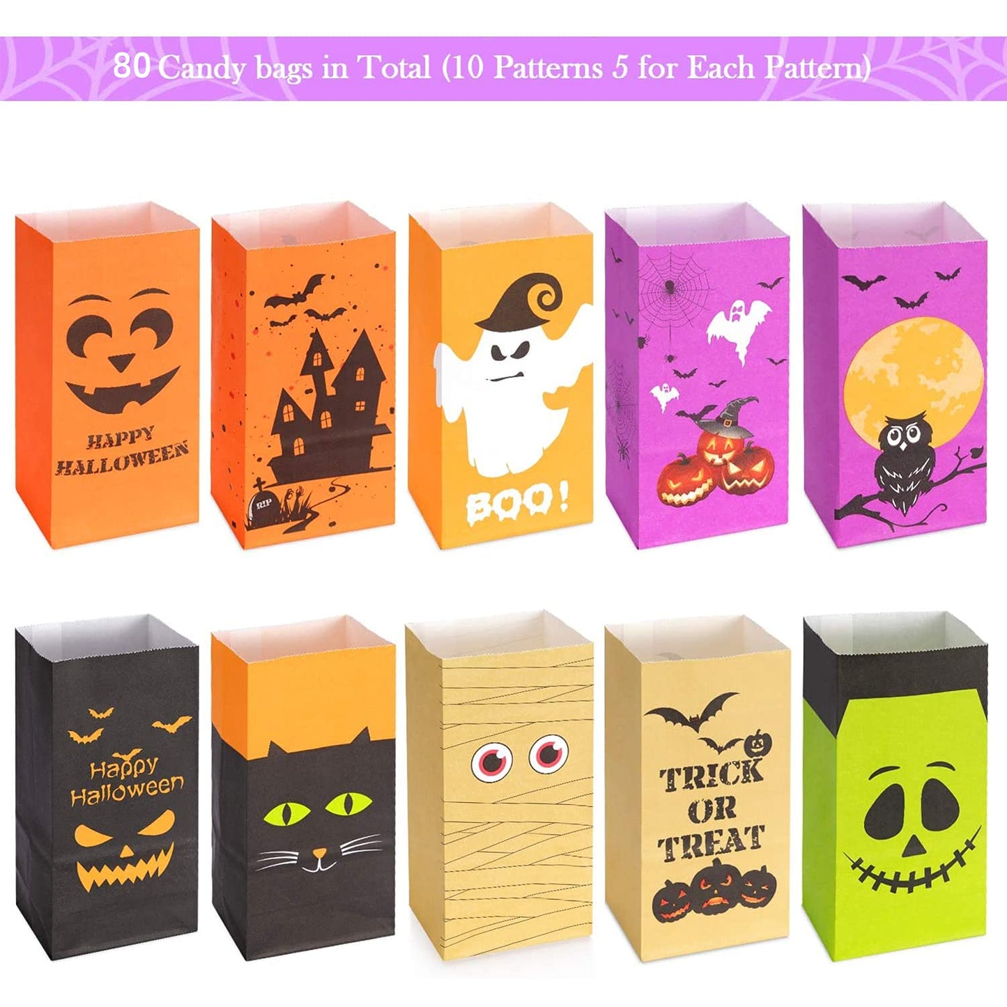 Halloween Treats Bags Party Favors 80 Pcs Kids Halloween Candy Bags for Trick or Treating + 84 Pcs Halloween Stickers, Mini Paper Gift Bags for Treats Snacks, Halloween Goodie Bags Party Supplies
