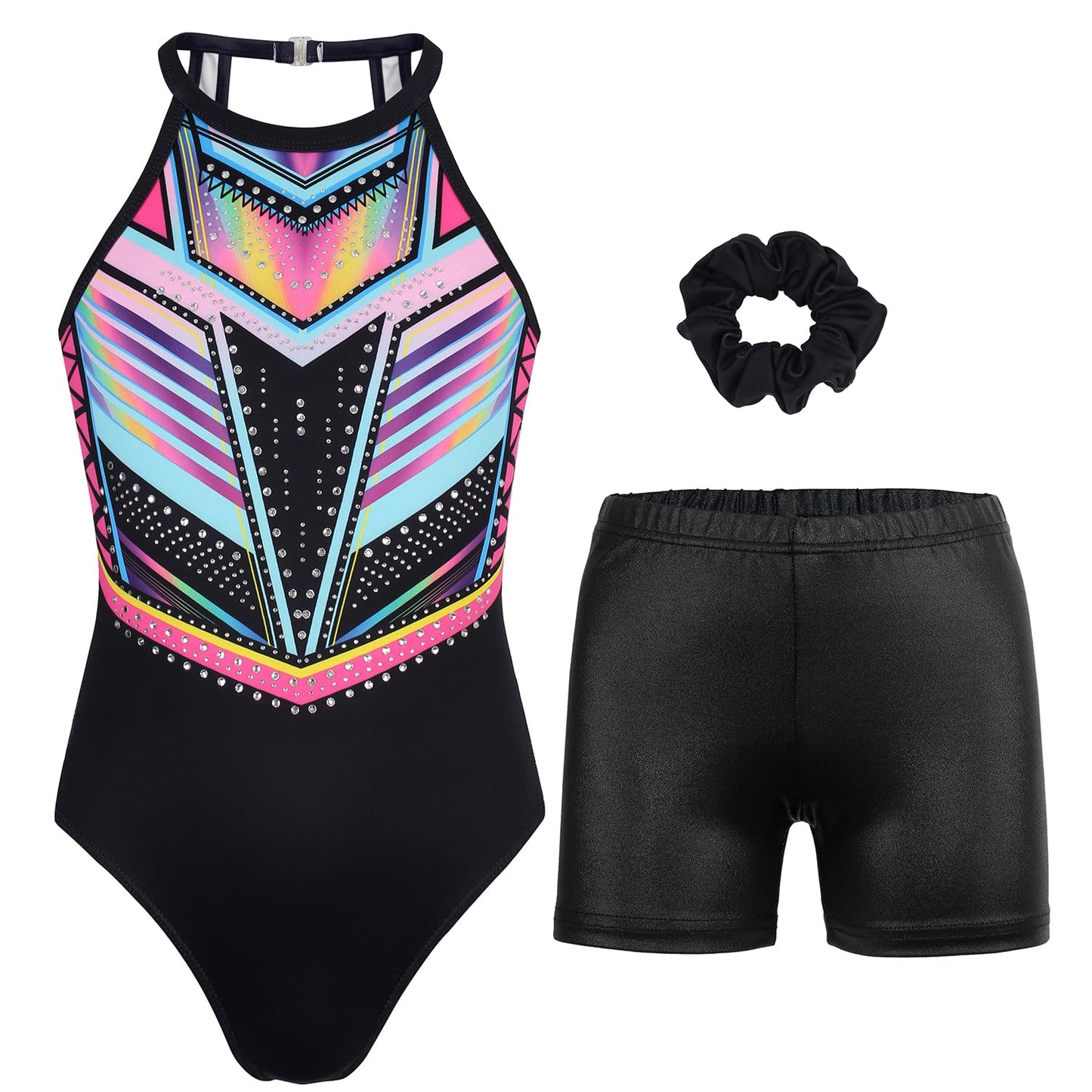 JOYSTREAM Gymnastics Leotards for Girls With Shorts Sparkly Ballet Dance Clasp Back Activewear Rainbow Diamond,6-7Years