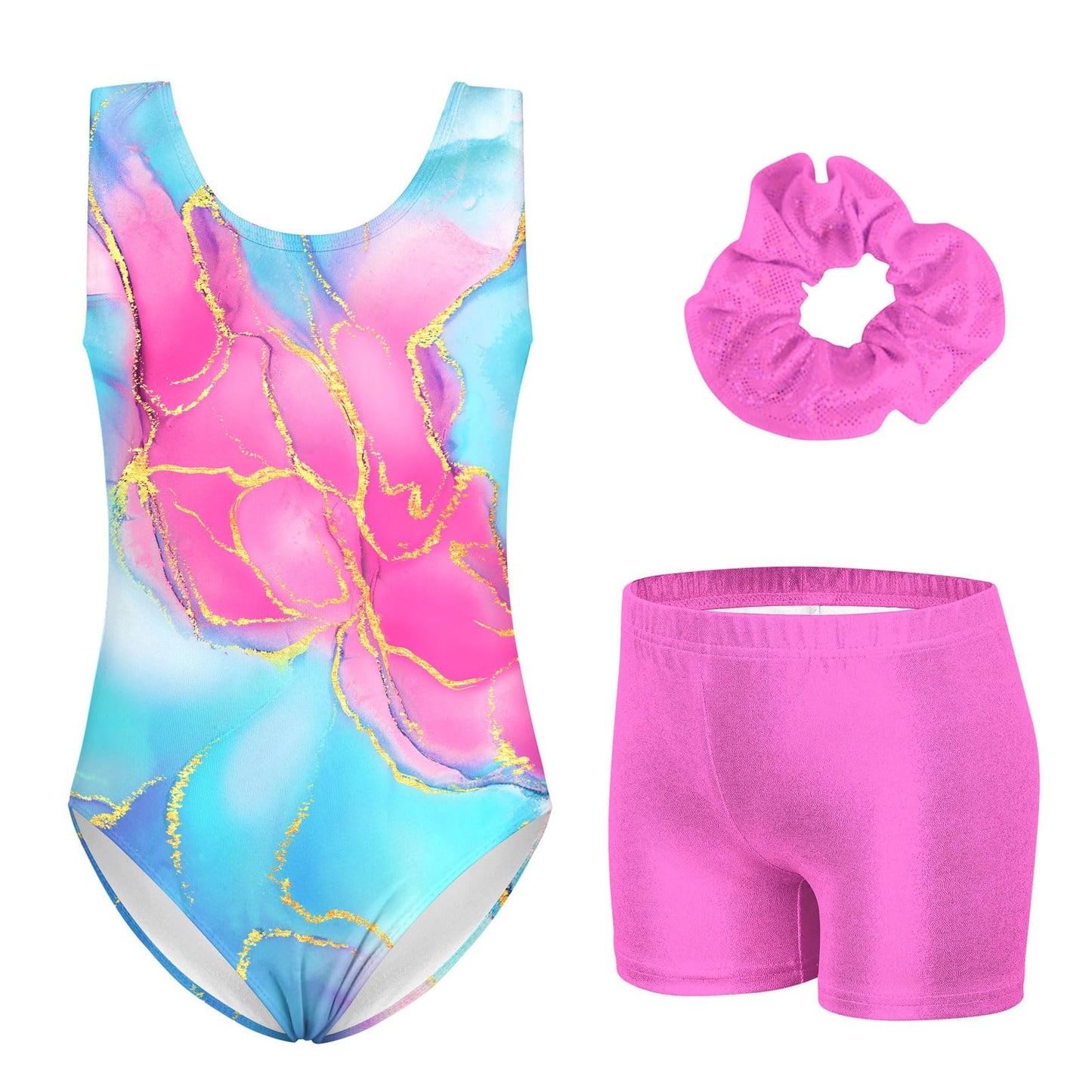 Girls 3 Piece Gymnastics Leotards Size 4 Kids Pink Marble Shiny Gym Biketards with Matching Scrunchie for 4t 5t Toddler Girls' Cute 3d Printed Ballet Dance Outfits for Kid Tumbling Class,4-5 Years