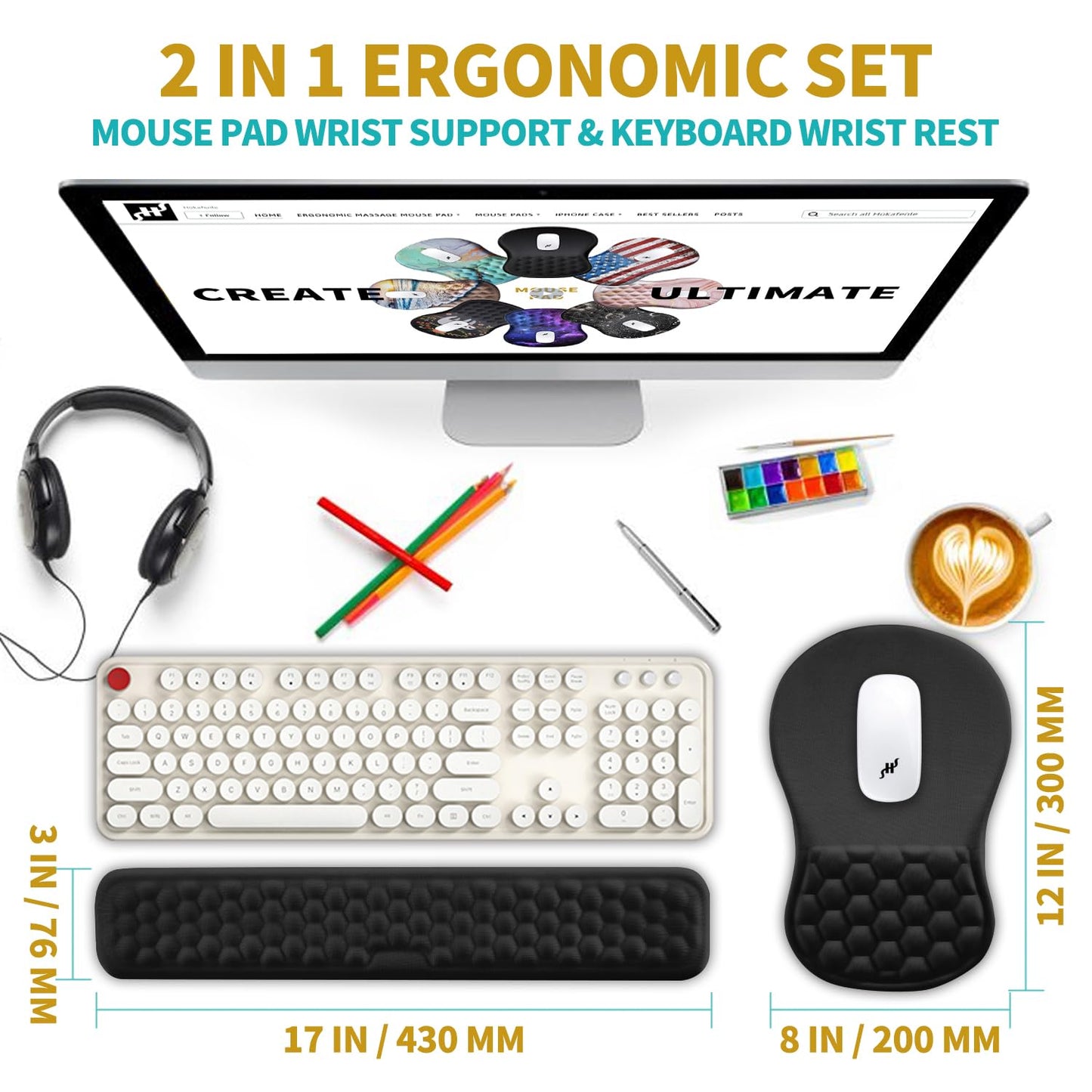 Hokafenle 2 in 1 Ergonomic Mouse Pad Wrist Support & Wrist Rest for Computer Keyboard Set, with Relieve Carpal Tunnel Pain Massage Bulge and Full Memory Gel Design (2In1 Set, Black)