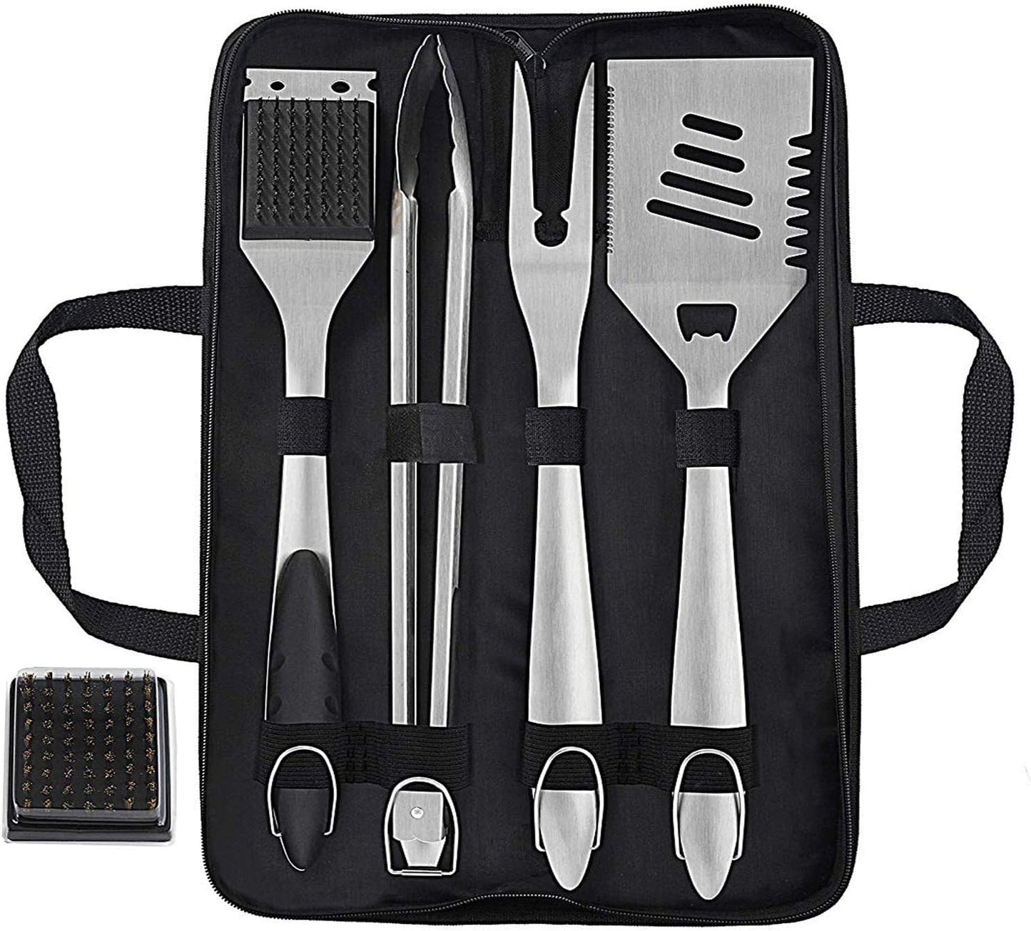grilljoy 8PCS BBQ Grill Tools Set with Extra Thick Stainless Steel Spatula, Fork, Tongs & Cleaning Brush - Complete Barbecue Accessories Kit with Portable Bag - Perfect Grill Gifts for Men Black