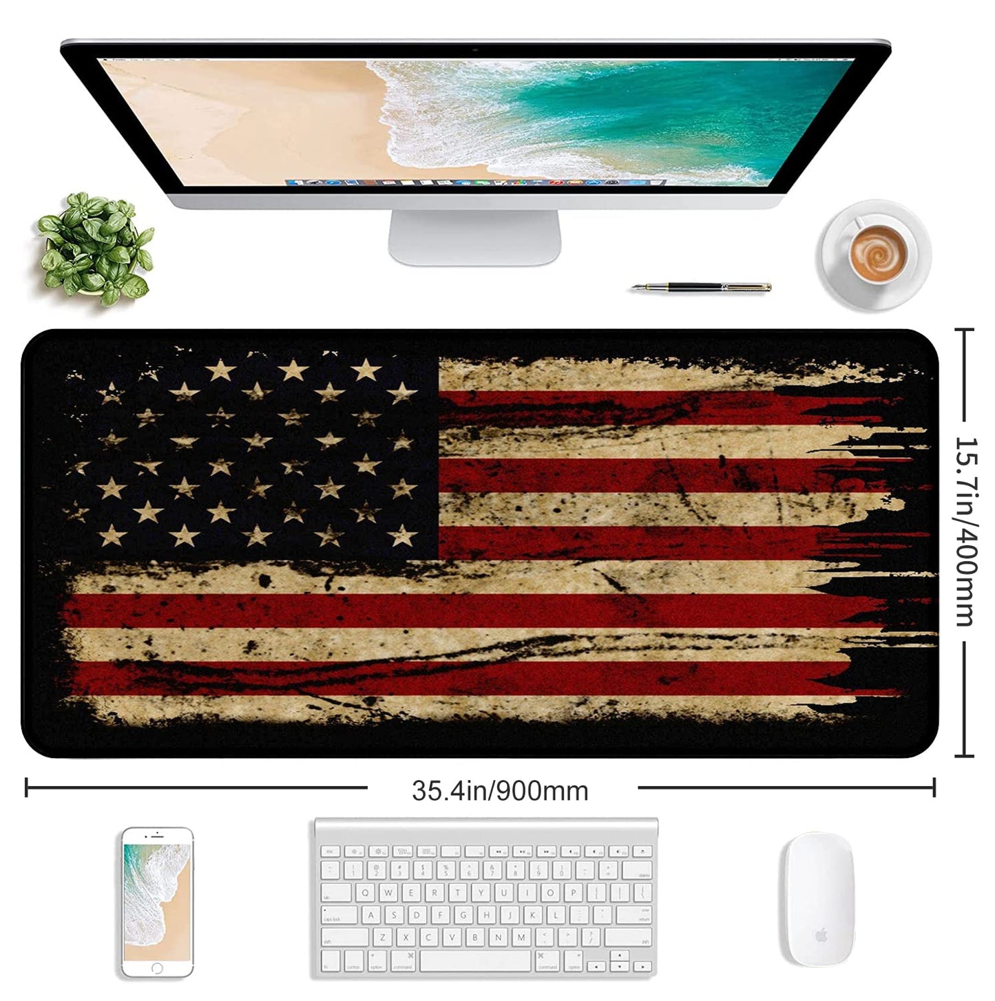 Large Extended Gaming Mouse Pad with Stitched Edges, Non-Slip Waterproof Rubber Base Mouse Pad for Office, Computer, Keyboard, Laptop and Home Desk Pad 35.4 x 15.7 x 0.12 Inch (American Antique Flag)