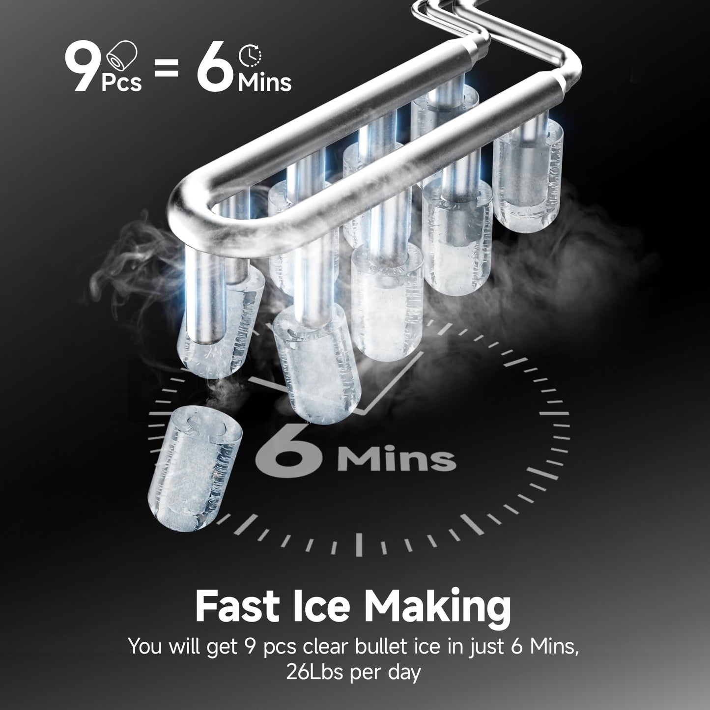 EUHOMY Ice Maker Countertop, 9 Cubes Ready in 6 Mins, 26lbs/24H, Self-Cleaning, Portable Ice Maker Machine with Carry Handle, Basket and Scoop, 2 Sizes of Bullet Ice for Home, Kitchen, Office