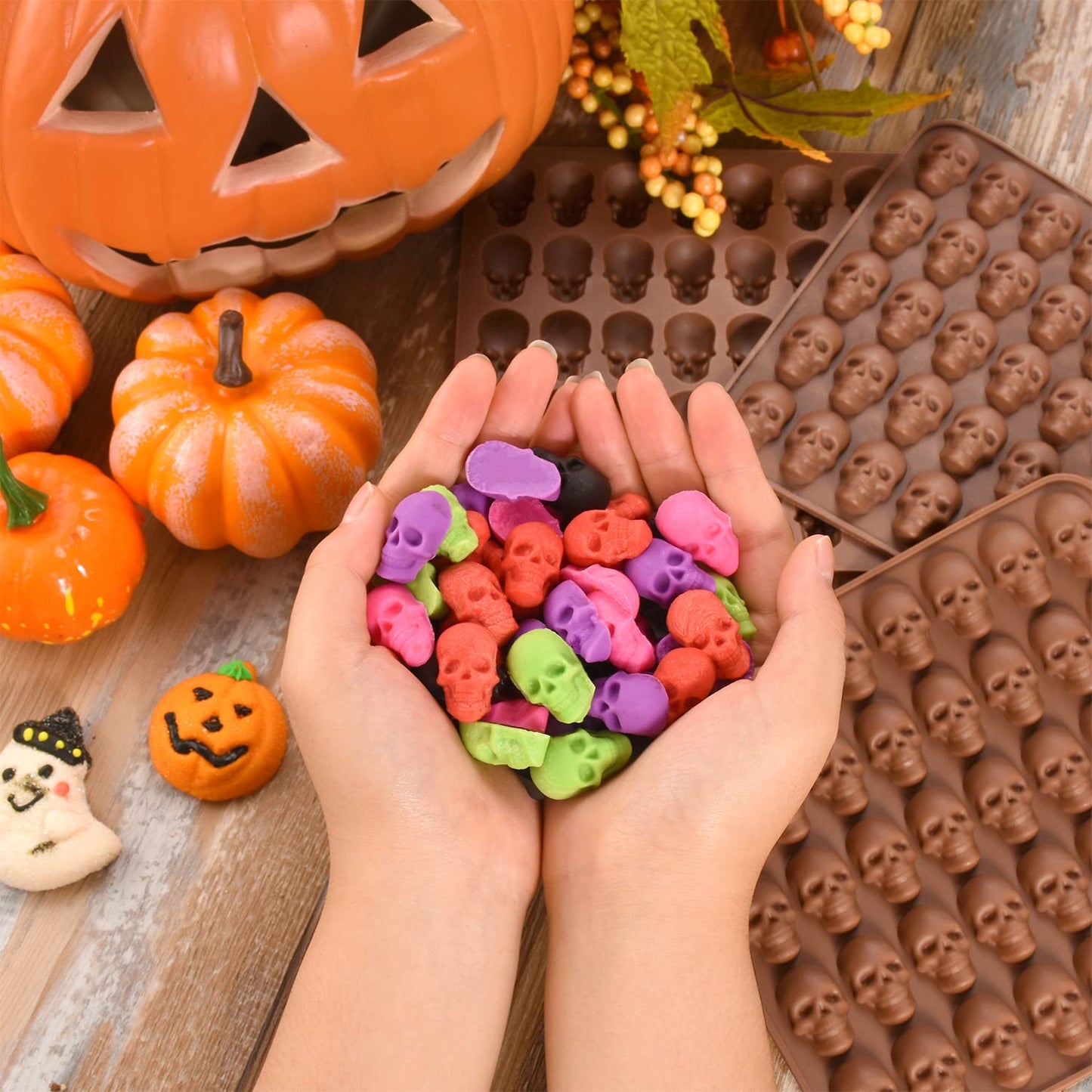 3 Pack Gummy Skull Silicone Candy Molds, Halloween Mini Skull Mold with 3 Droppers Non-stick Candy Molds