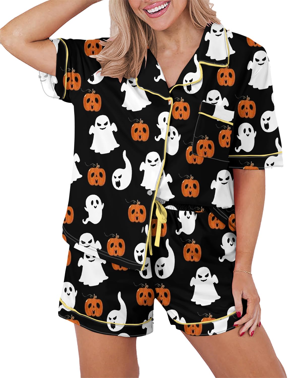 KevaMolly Womens Pajama Sets Halloween Ghost Print Buttoned Drawstring Waist Lounge Set Short Sleeve Top and Shorts L
