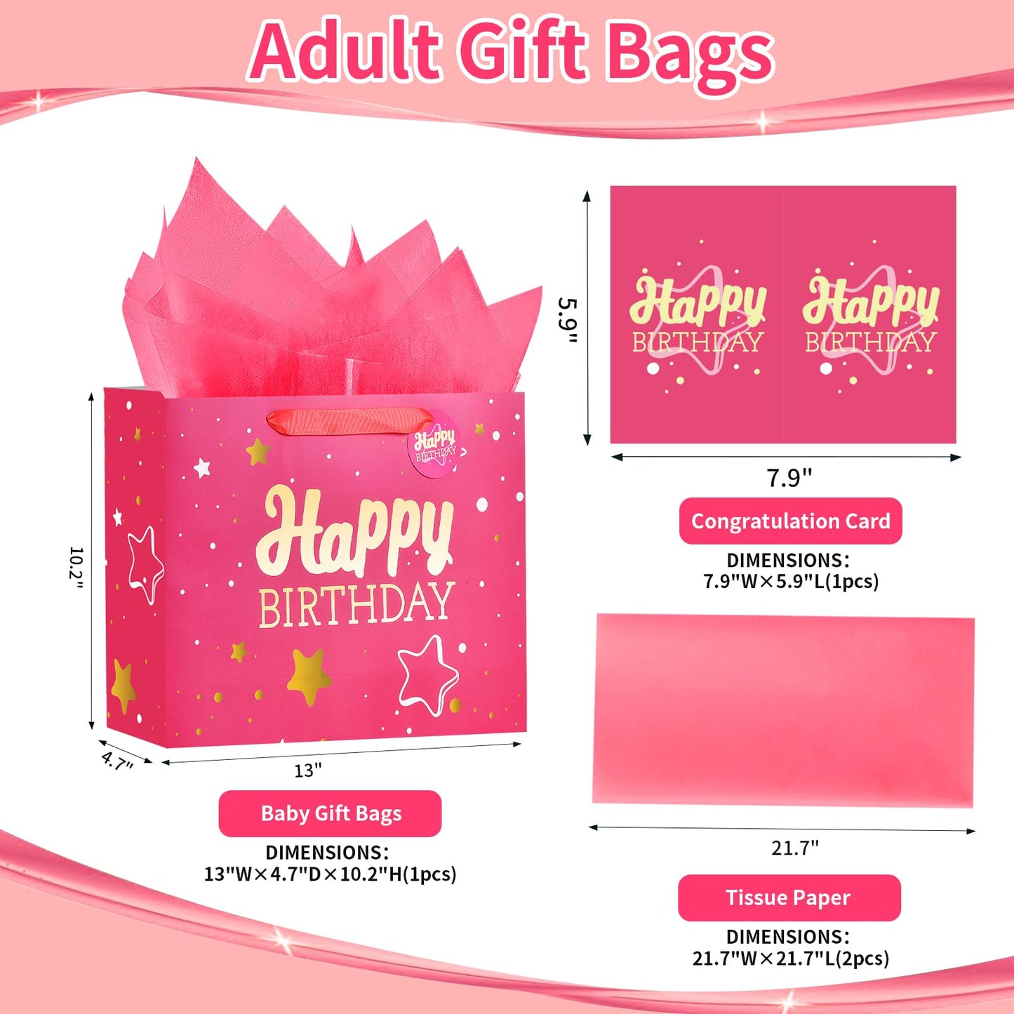 13" Pink Happy Birthday Gift Bag with Tissue Paper and Greeting Card for Party,Happy Birthday Gift Bag for Men Women,Gift Bags Medium size(1 PCS Pink Hot Stamping)