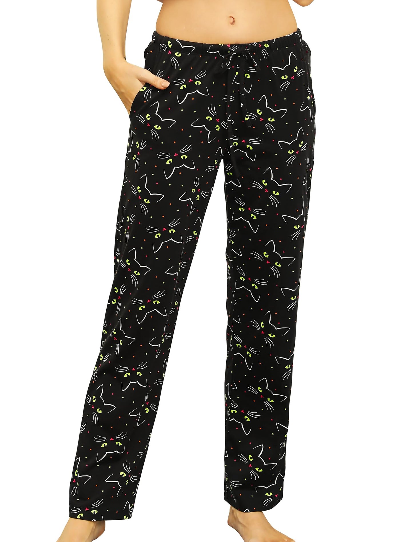 ENJOYNIGHT Women Cotton Lounge Pants Comfy Pajama Bottoms With Pockets&Drawstring(Black Cat,X-Large)