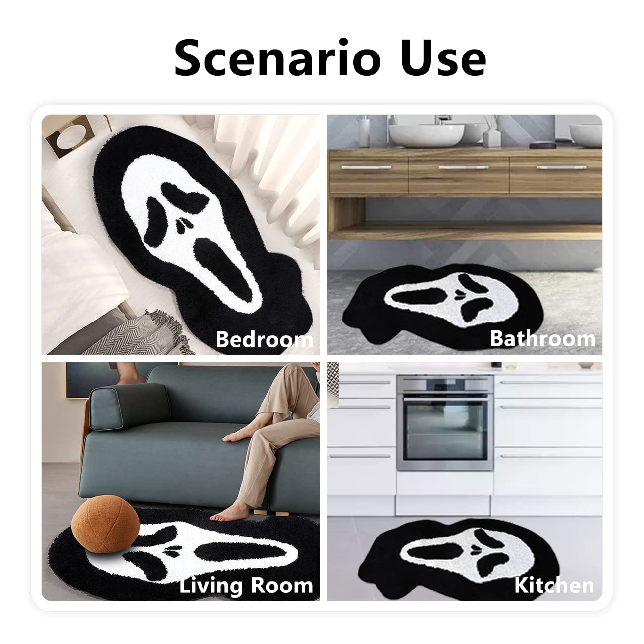 Kaupuar Large Skull Bath Mat Fluffy Black Bath Rugs Soft Plush Non-Slip Bathroom Rug Mats Halloween Decorative Welcome Doormat Washable for Toilet, Bedroom, Living Room, 22" x 43"