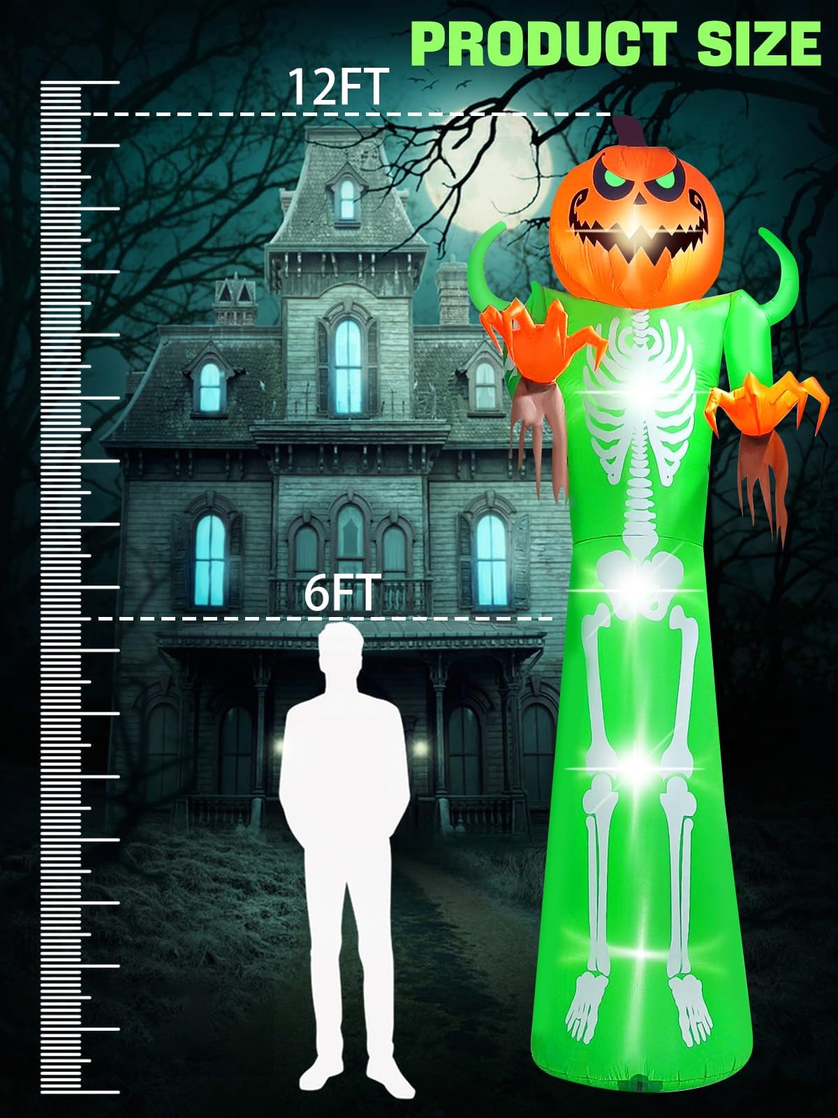 Kalolary 12FT Halloween Inflatable with LED Light, Giant Pumpkin Halloween Outdoor Decoration Scary Pumpkin Skeleton Blow up Inflatable for Home Family Party Halloween Holiday Yard Lawn Indoor Decor