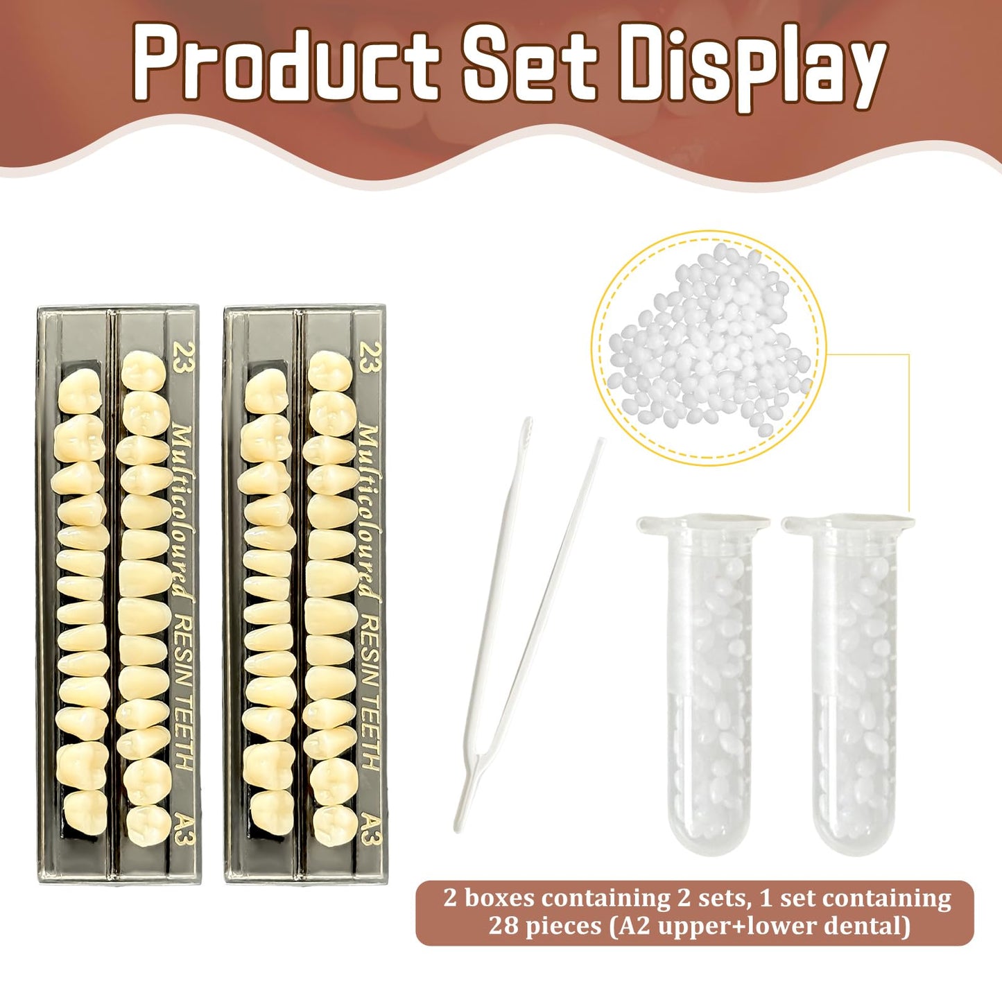 56 Pcs False Teeth Dental Complete Acrylic Resin Denture Teeth, 2 Set Whole Teeth Synthetic Polymer Denture Tooth, 23 Shade A3 Upper + Lower Dental Materials for Replacement, DIY, or Halloween