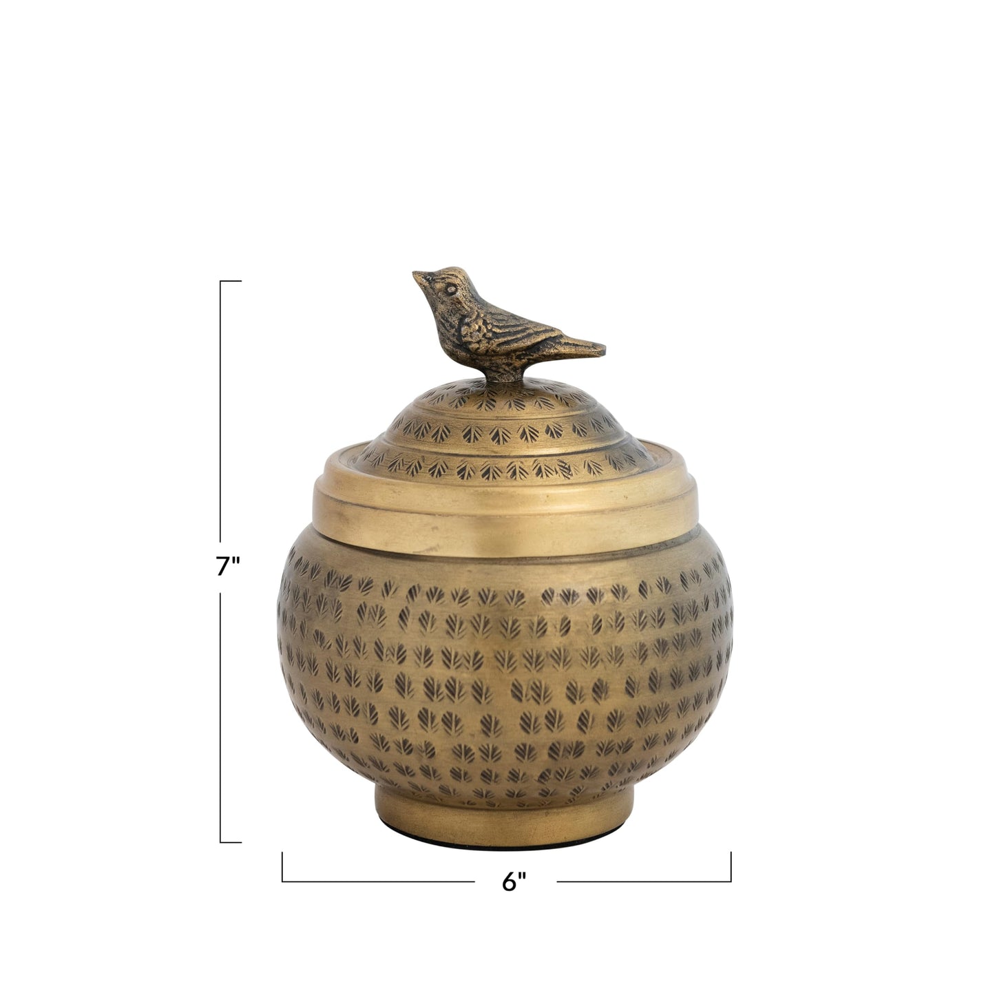 Creative Co-Op Round Hammered Metal Container with Bird Finial, Brass Finish