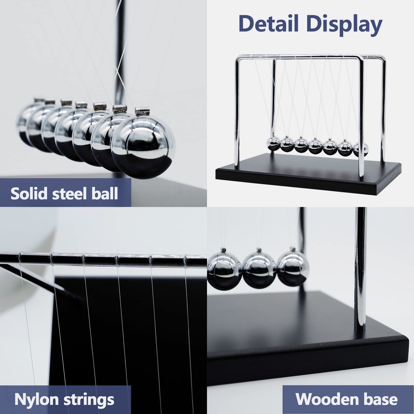 Large Newtons Cradle Pendulum with 7 Balls, 9inch Newtons Cradle Balance Balls, Science Physics Desk Toys, Office Home Desk Decoration, Calm Down Fidgets (Black Wooden Base)