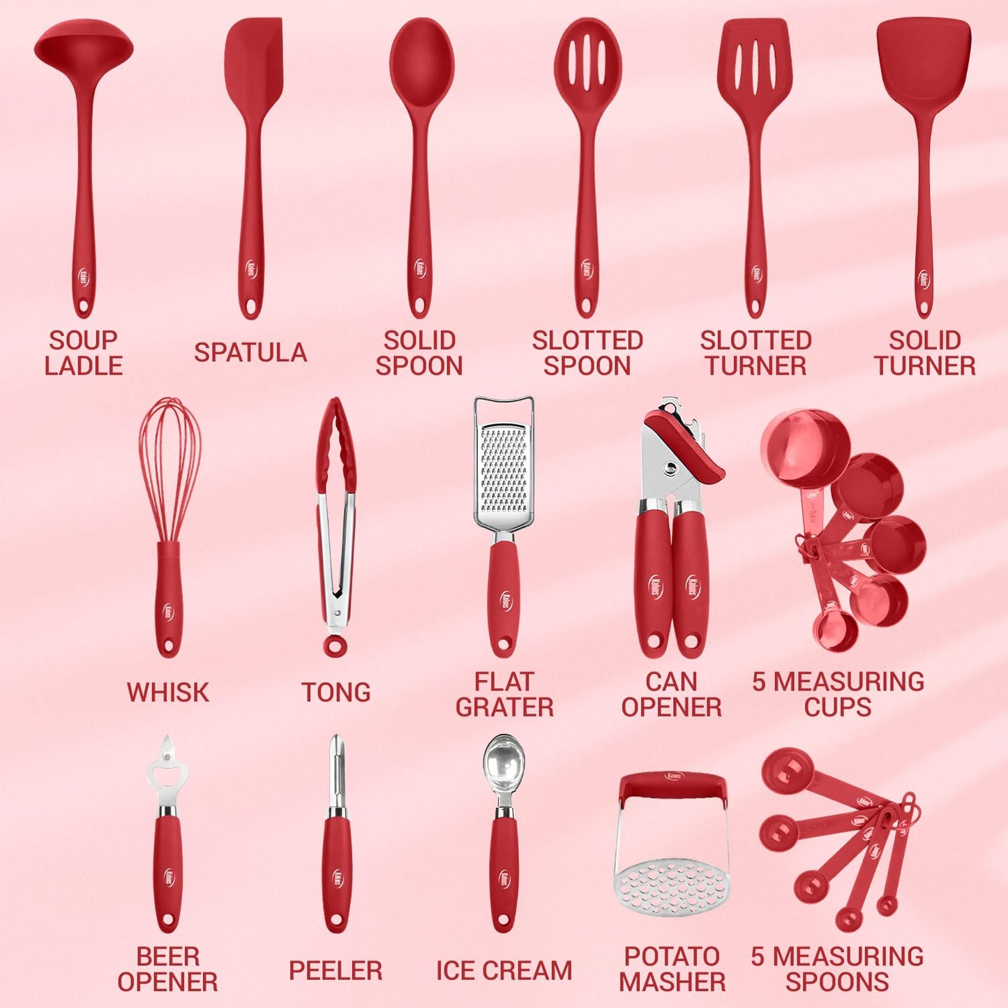 Kaluns Silicone Kitchen Utensils Set 24 Pcs Silicone Cooking Utensils Set - Can Opener, Masher, Turner, Spatula 446°F Heat Resistant Non-Stick - Premium Silicone and Stainless Steel Utensil Set