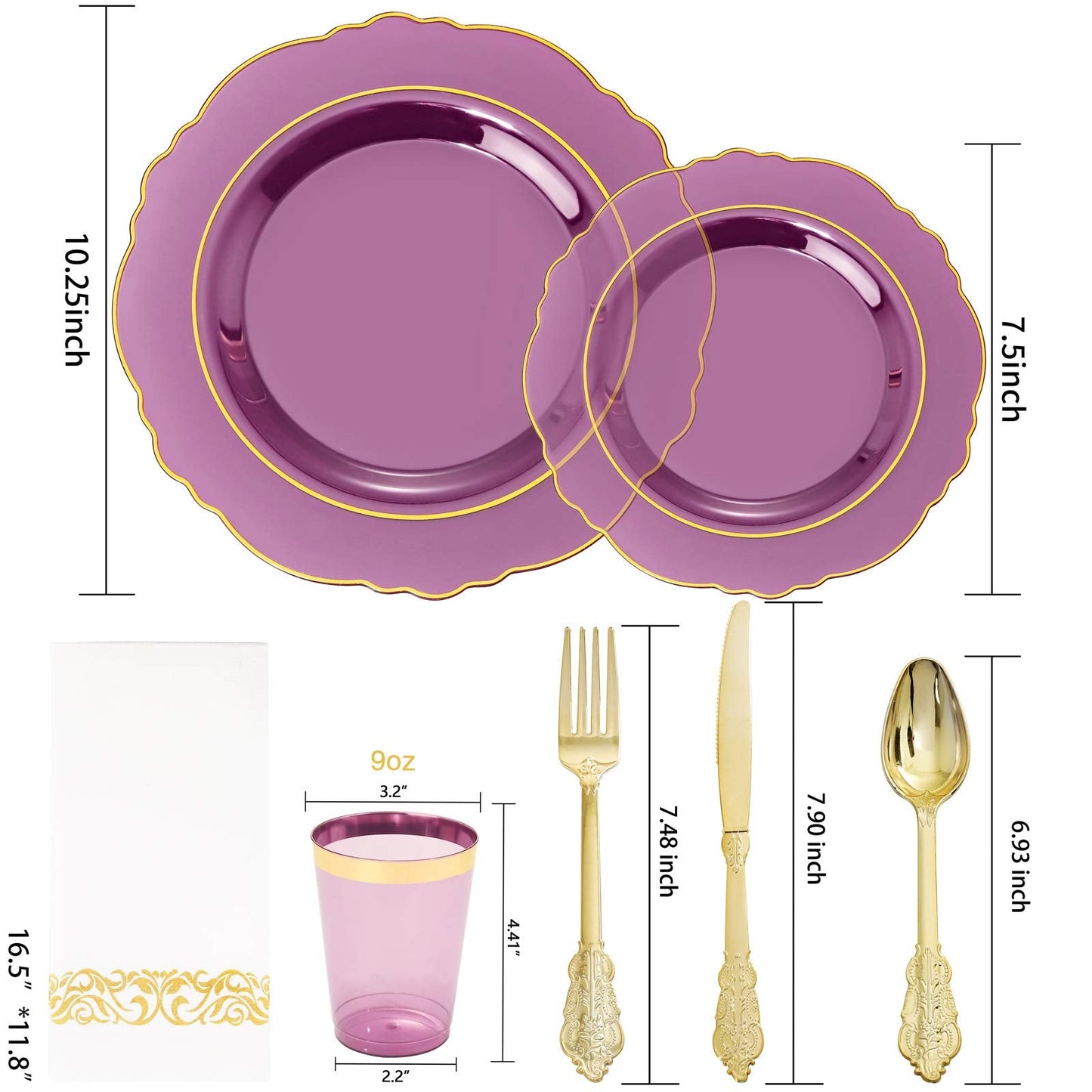 KIRE 210Pcs Purple Plastic Plates with Gold Rim& Silverware &Cups&Hand Napkin - Baroque Clear Plastic Dinnerware for Upscale Wedding/Parties Plates
