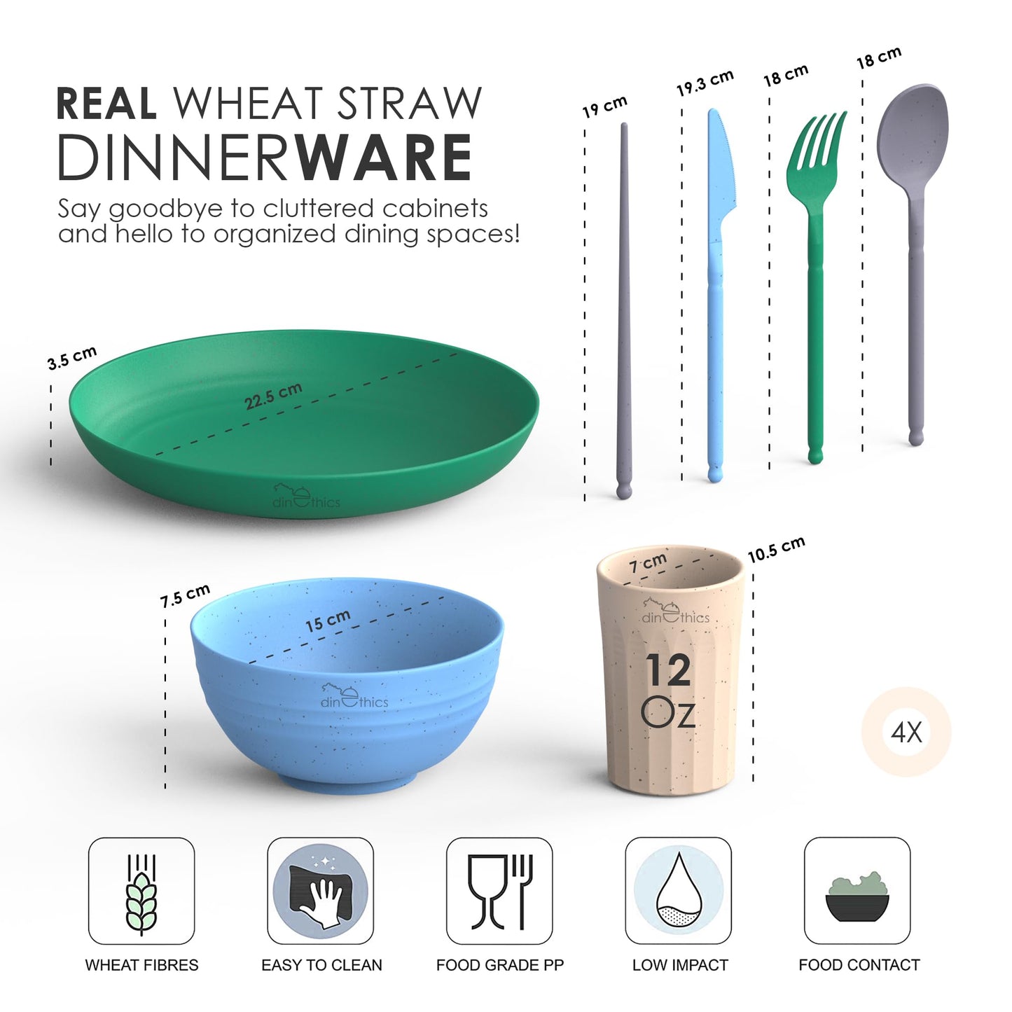 Wheatstraw Dinnerware Set for 4 - Camping Dishes & Utensils - Microwavable Plates - Alternate To Plastic Plates And Bowls - Camping Kitchen Set - Rv Dinnerware - Wheat Straw Dorm Dishes