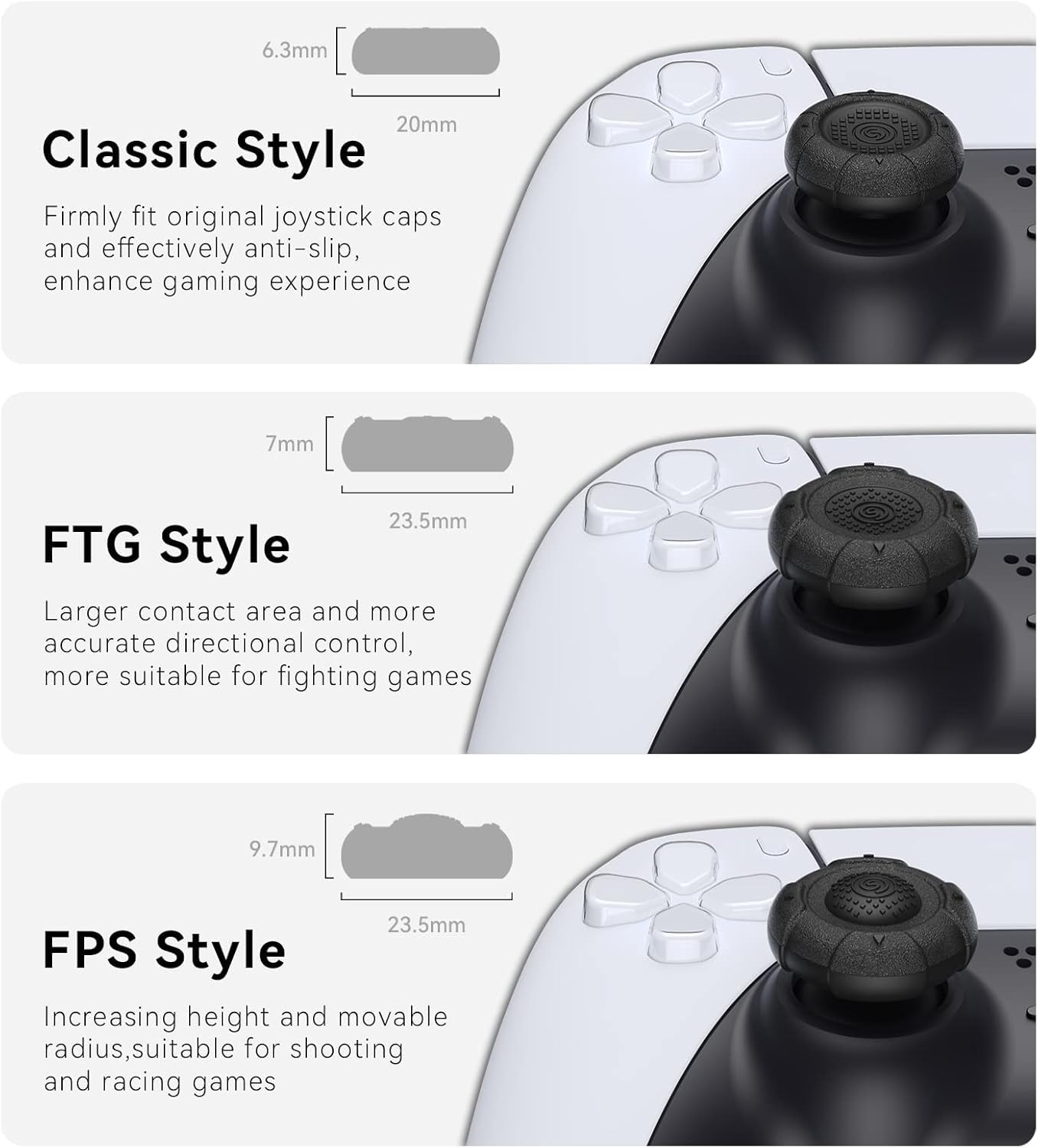 GeekShare Thumb Grip Caps for PS5, Thumbsticks Cover Set Compatible With Switch Pro and PS4/PS5 Controllers, 3 Pairs / 6 Pcs (Black)