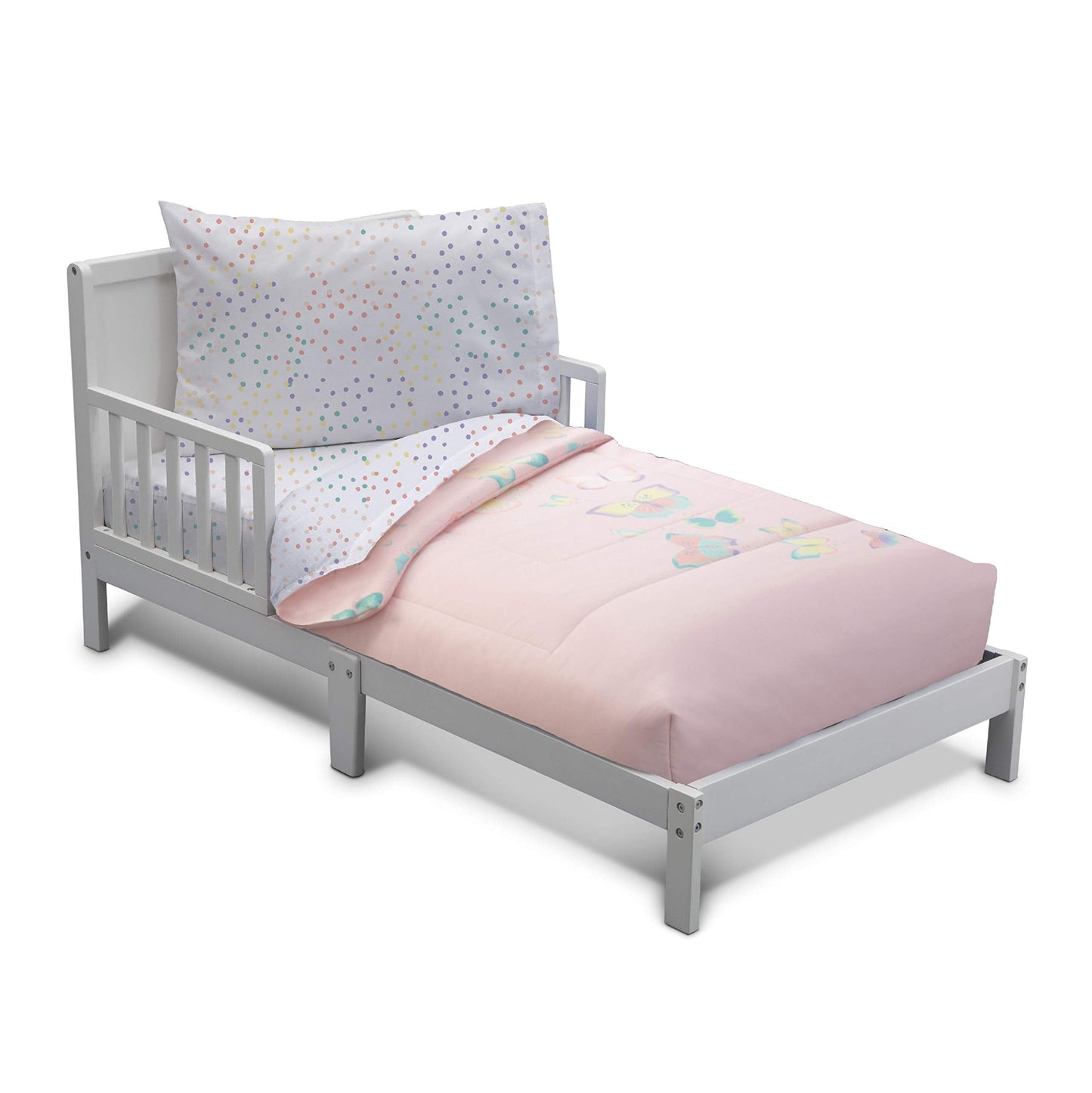 Delta Children 4 Piece Toddler Bedding Set for Girls - Reversible 2-in-1 Comforter - Includes Fitted Comforter to Keep Little Ones Snug, Bottom Sheet, Top Sheet, Pillow Case - Pink Butterfly Flutter