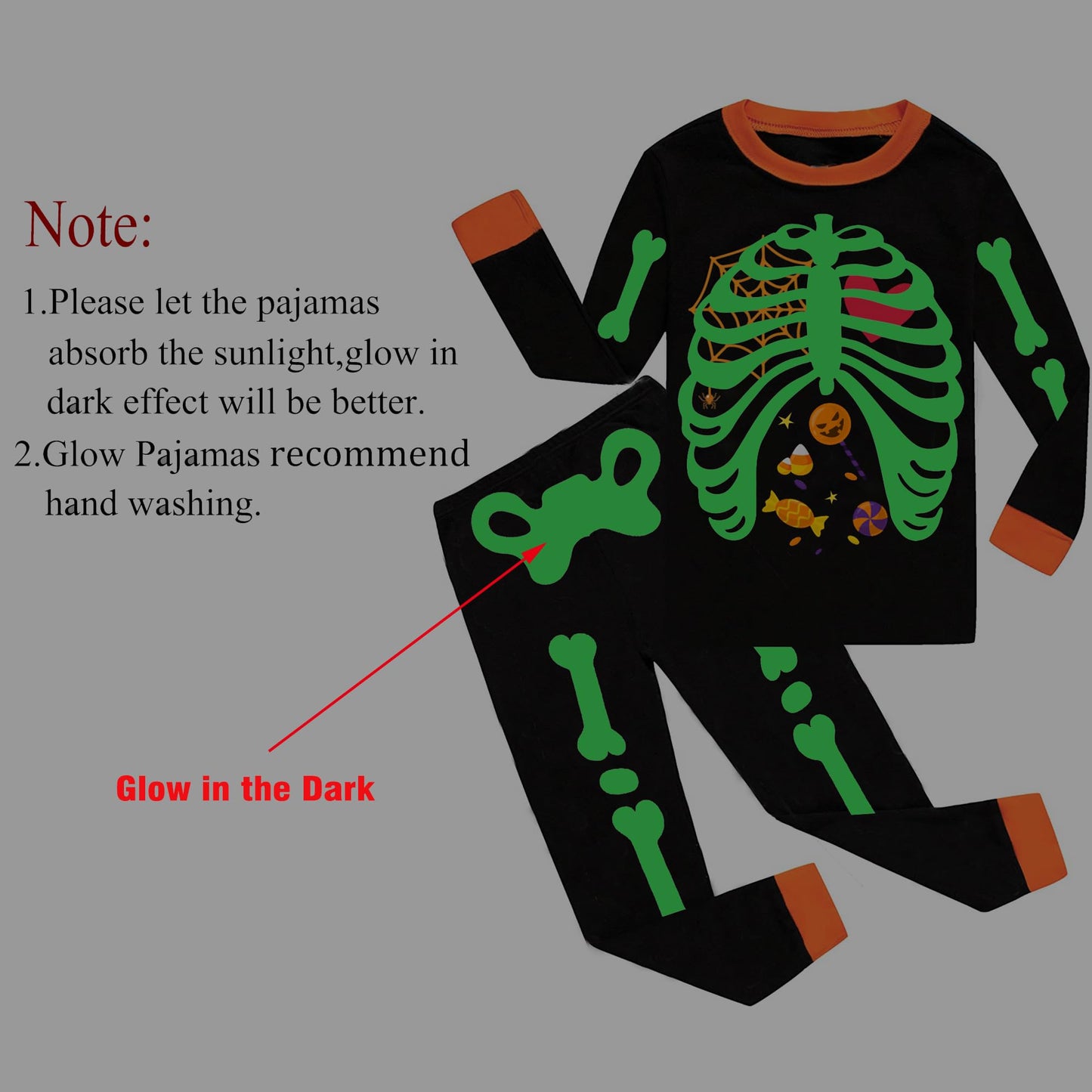 Kids Pajamas for Boys Skeleton Glow-in-The-Dark Cotton Sleepwear Toddler Pumpkin Clothes Halloween Outfit Size 10