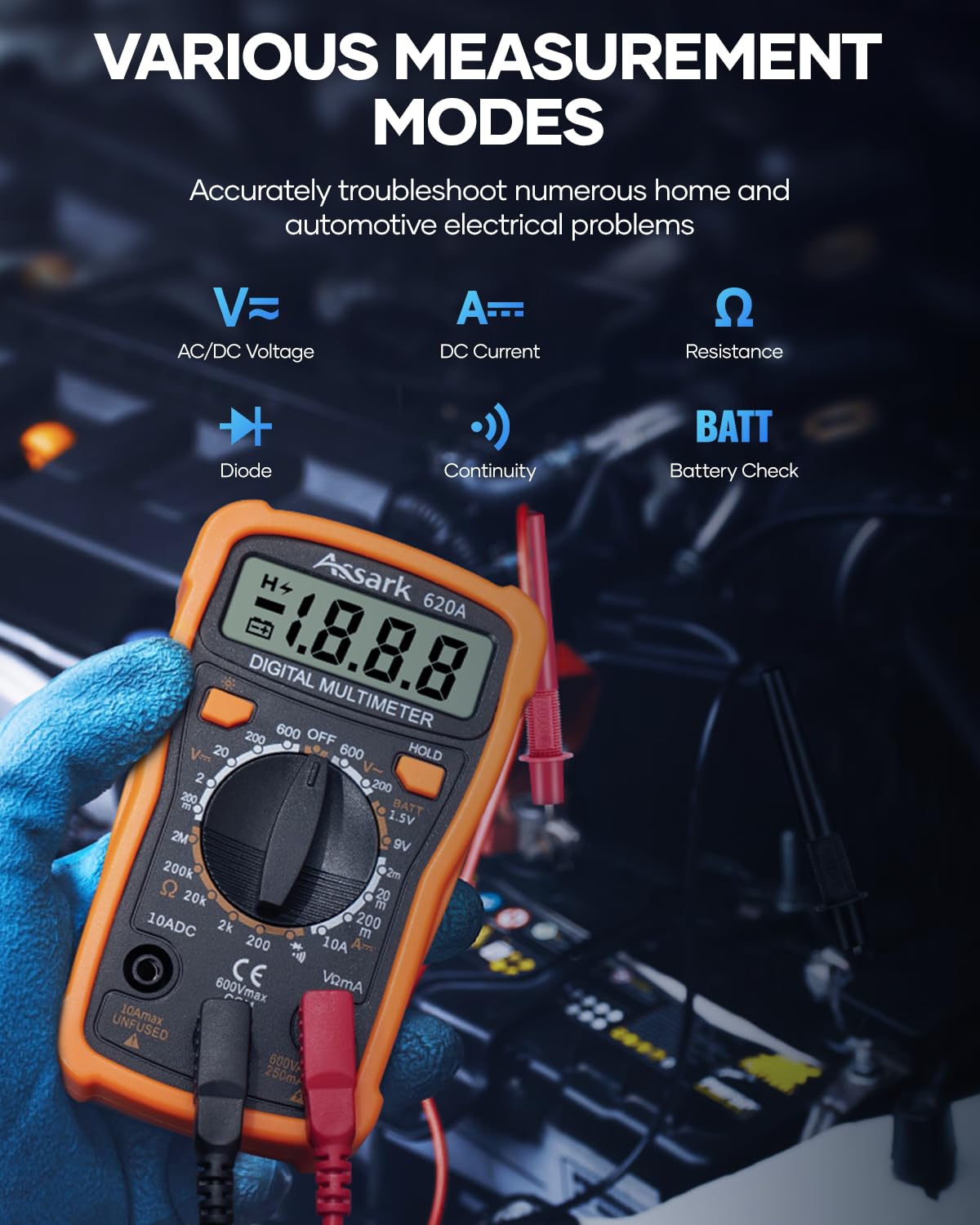 Digital Multimeter Voltage Tester, Assark 2000 Counts Multimeter Measure AC DC Voltage DC Current, Meter Tester Test Volt Ohm Amp Diode Continuity, Resistance, Backlit LCD Display, Data Hold Function