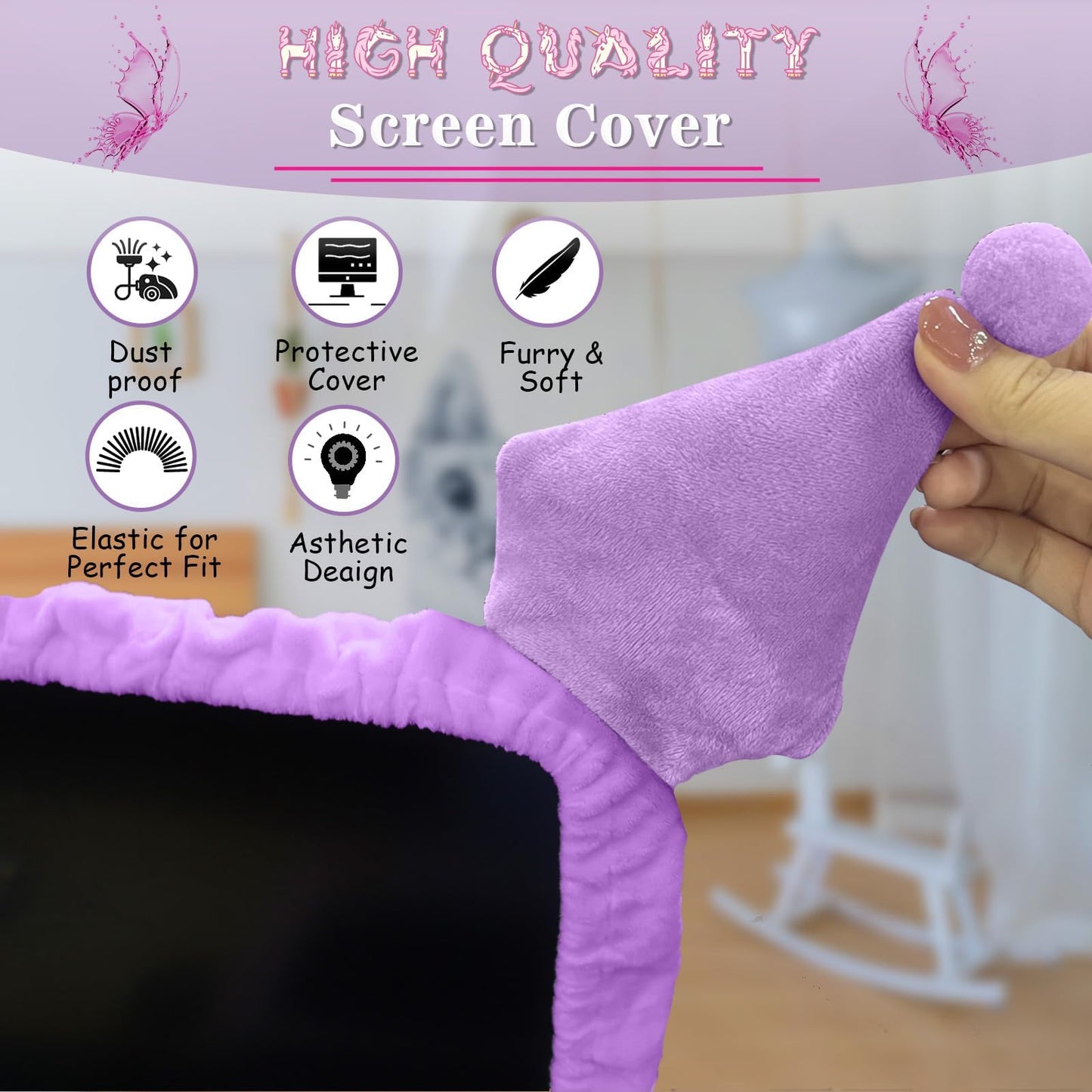 Kakurookie 23'' - 34'' Computer Monitor Protective Cover with Cat Ear Design, Cute Monitor Dust Cover with Furry Design, Elastic Dustproof, Suitable for PC, Tablet, TV