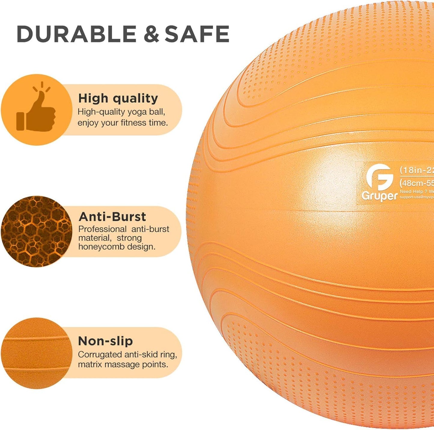 Gruper Yoga Ball, 55-75cm Extra Thick Exercise Ball for Workout Fitness Balance, Anti Burst Chair for Home and Office Desk,Includes Hand Pump & Workout Guide Access (Orange, 22 inch (55cm),M)