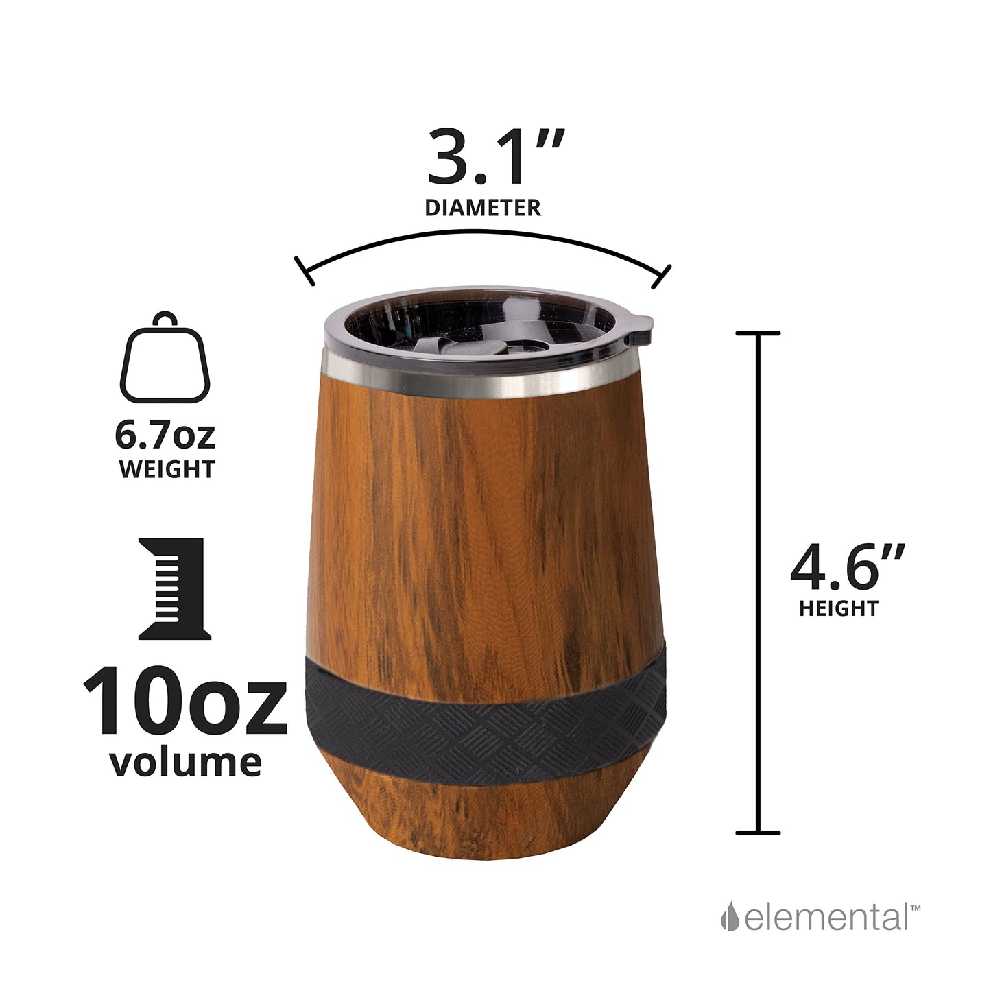 Elemental Recess Wine Tumbler - Triple Wall Insulated Stainless Steel Coffee Mug for Hot & Cold Drinks - Portable Cup with Shatterproof Sip Lid for Camping, Outdoor & Travel - 10oz - Teak Wood