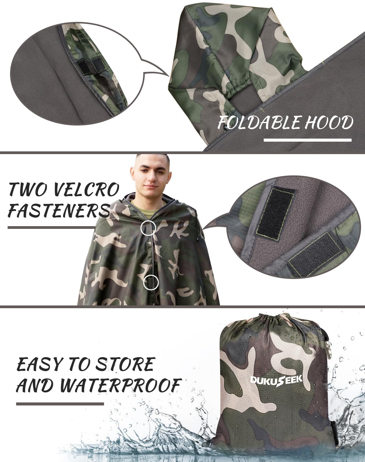 DUKUSEEK Hooded Stadium Blanket, Camouflage Waterproof Windproof Outdoor Fleece Blanket - Large (79x56), Portable, Wearable, Warm for Outdoor Hunting, Sporting Eventsβ¦