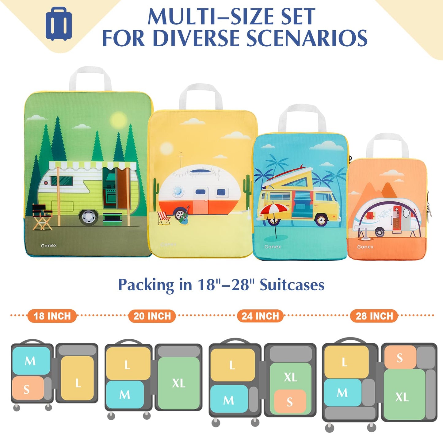 Gonex Compression Packing Cubes, 4pcs Expandable Storage Travel Luggage Bags Organizers, Travel Cubes for Suitcase Carry On (RV)