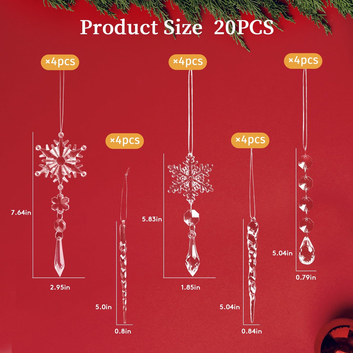 20pcs Christmas Ornaments Set for Tree Decorations- Hanging Acrylic Crystal Snowflake Icicle Drop Decorations for Winter Christmas Tree New Year Party Supplies