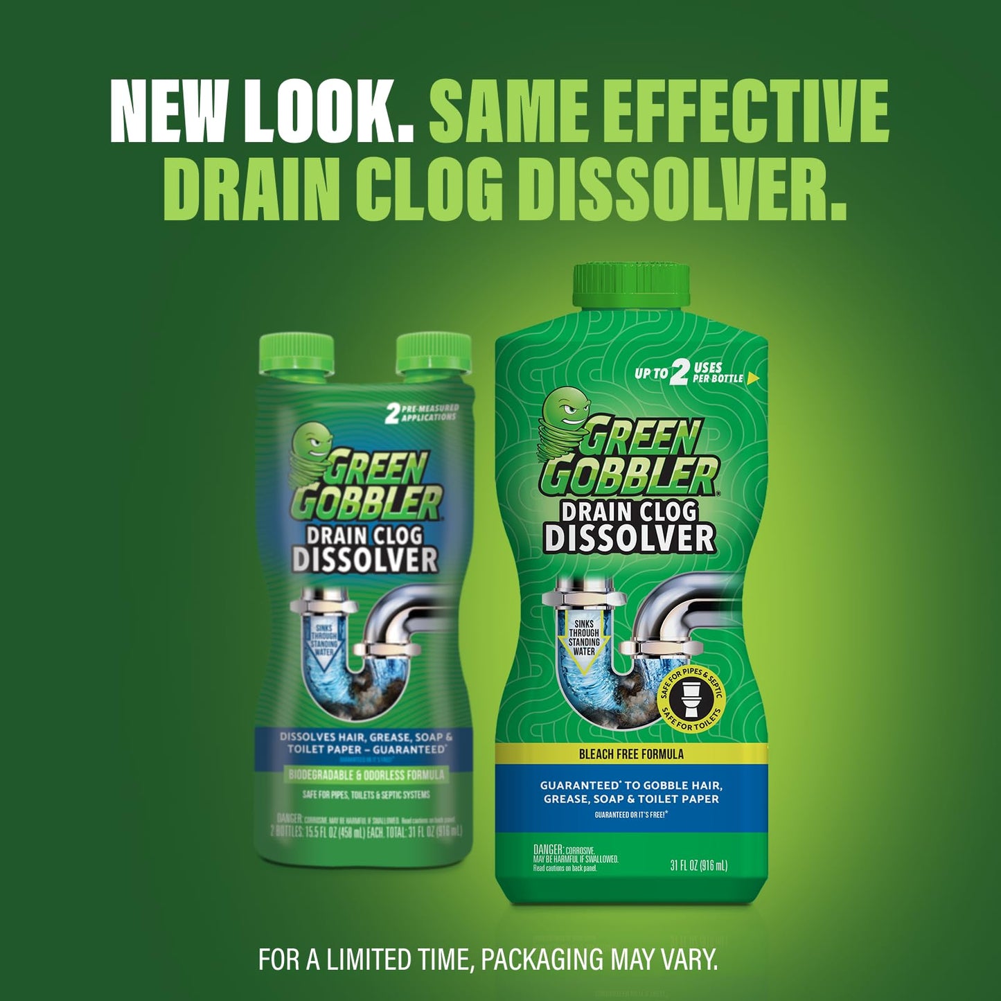 Green Gobbler Liquid Hair Drain Clog Remover & Cleaner, For Toilets, Sinks, Tubs - Septic Safe, 2 Pack