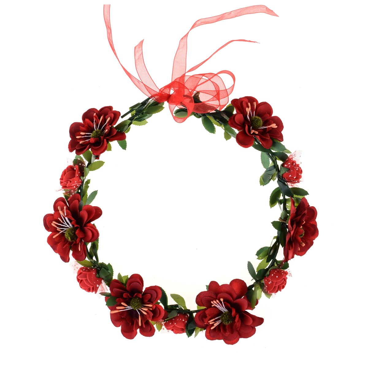 June Bloomy Rose Flower Leave Crown Bridal Halo Headband with Adjustable Ribbon (Red)