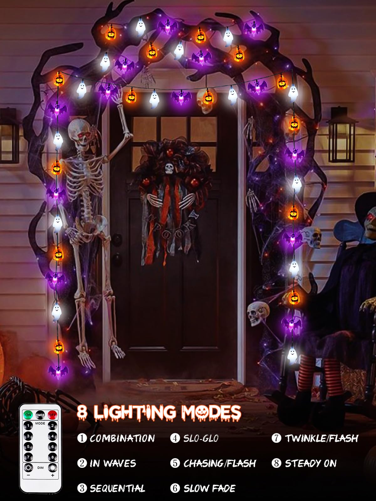 Halloween String Lights, 3D Pumpkin Bat Ghost Fairy Lights Battery Operated with Remote, 30LED Twinkle Light Waterproof 8 Modes & Timer for Halloween Parties Decorations Indoor Outdoor Windows Decor