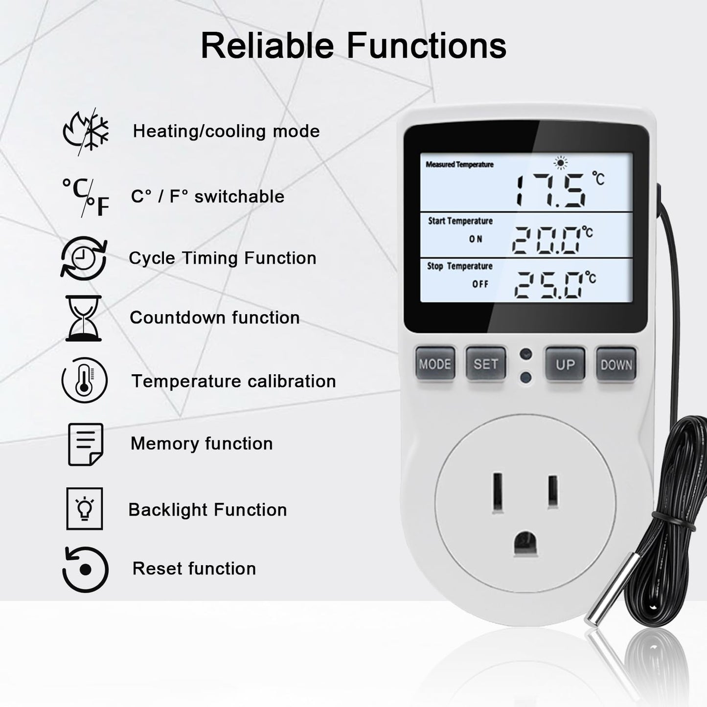 KETOTEK Digital Temperature Controller Thermostat Outlet Plug 120V with LCD Backlight, Heating Cooling Temperature Controlled Outlet 110V 15A with 3m Sensor