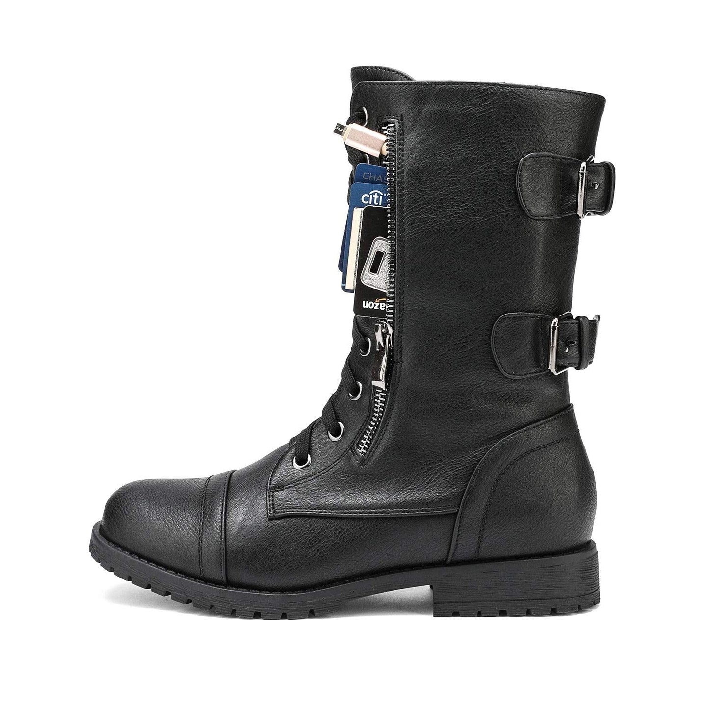 DREAM PAIRS Women's Combat Boots, Mid Calf Built-in Wallet Pocket Lace up Military Ankle Booties,Size 10,Classic Black,TERRAN