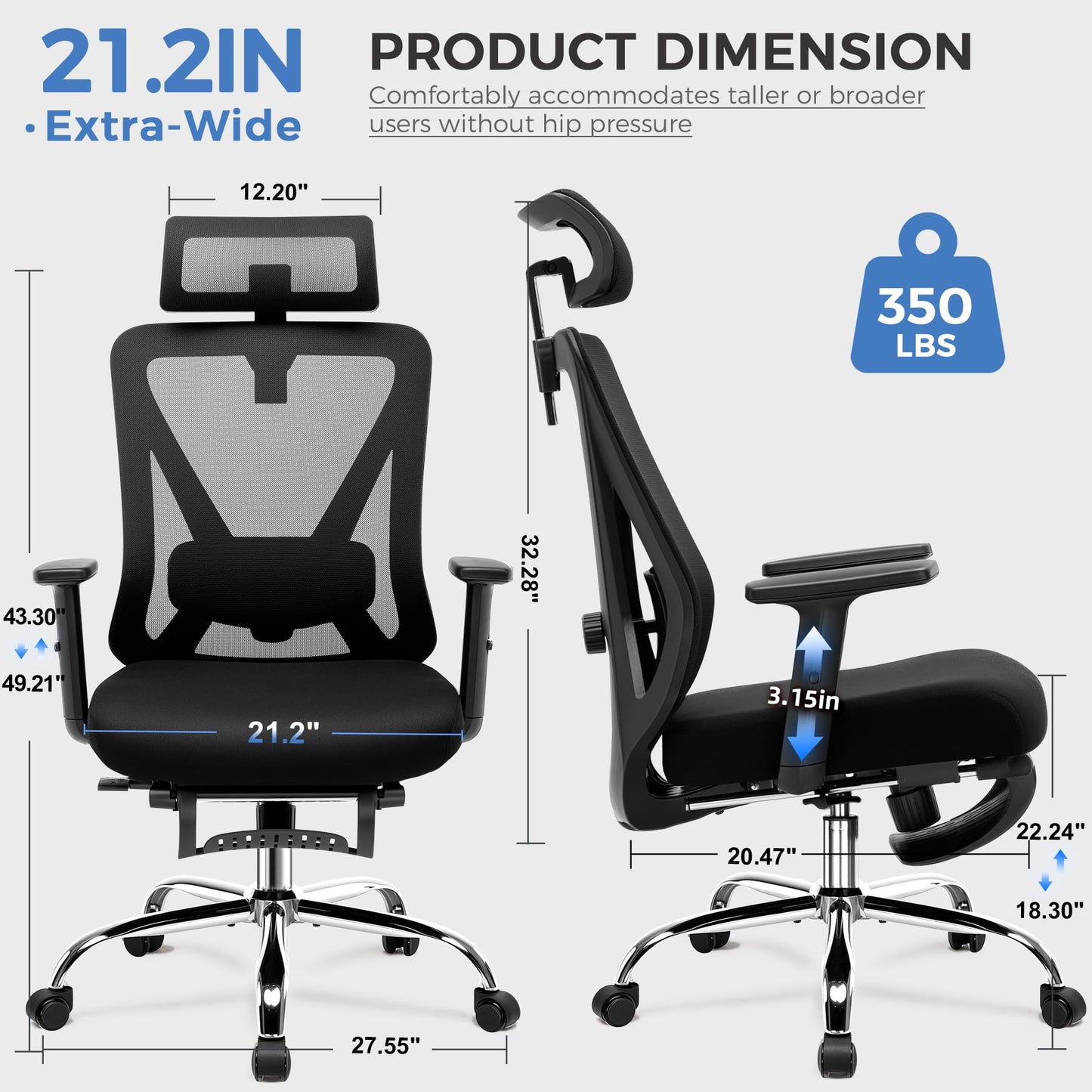 COMHOMA Ergonomic Office Chair Big and Tall Gaming Chair with Footrest, 3D Adaptive Lumbar Support & Headrest, High Back Rolling Computer Chair with Wide Seat, Breathable Mesh, ErgoFlex-F26, Black