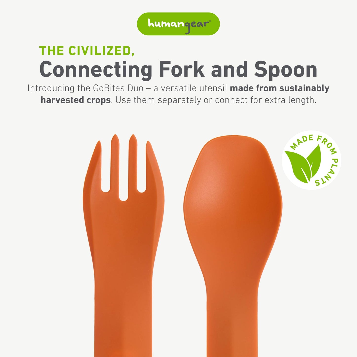 humangear GoBites Bio Duo - Travel Silverware, Full Size Portable Fork & Spoon, Reusable Utensil Set, PC and BPA-free, Food-Safe Bio-Resin, Extended - 9.1” X 1.6”, Orange