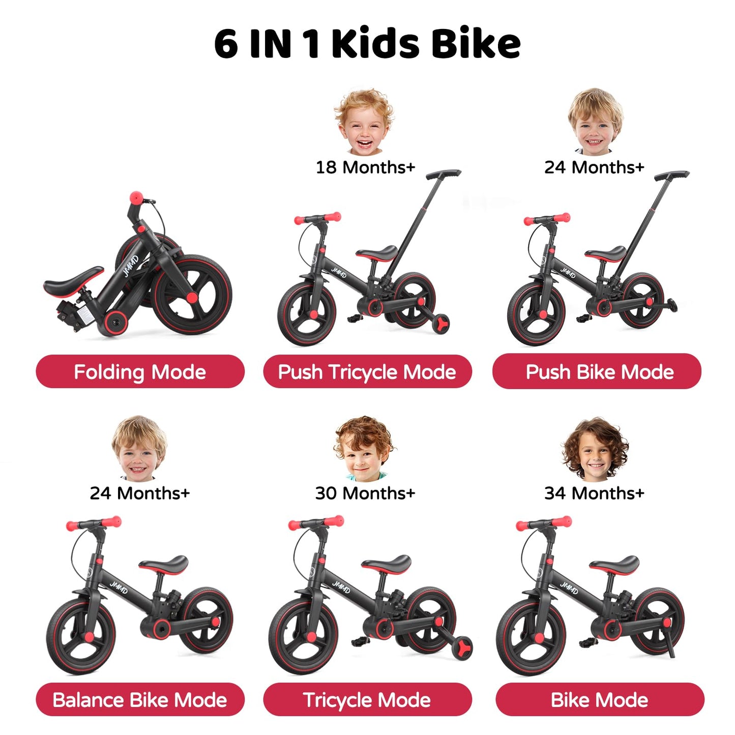 JMMD Toddler Bike with Push Handle for Kids 18-60 Months, 6 in 1 Foldable Push Bike with Training Wheels, Pedals, Brakes, Kickstand, Kid Balance Bike Gift & Toys for Boy & Girl, Black
