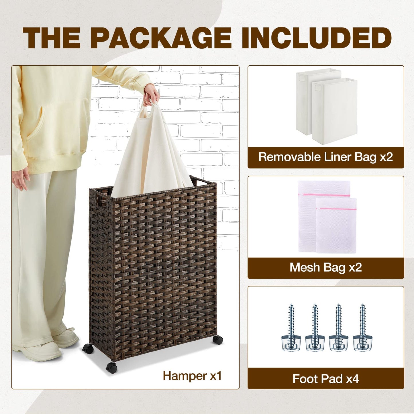 Greenstell Laundry Hamper with Wheels, 17.4 Gallon (66L) Slim Laundry Basket with 2 Removable Liner Bags & 2 Mesh Bags, Narrow Rattan Clothes Hamper for Bedroom, Laundry Room, Bathroom, Brown