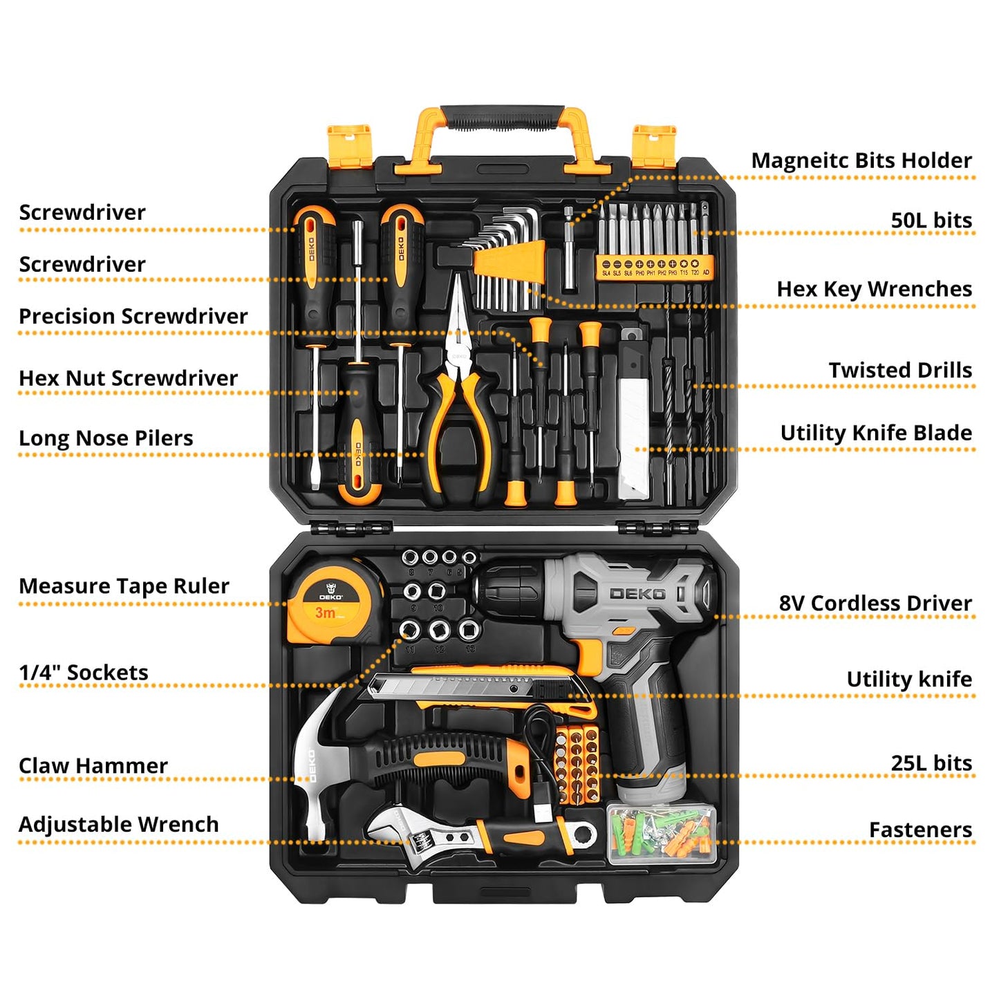 DEKOPRO Tool Set:Tool Kit with 8V Cordless Drill,Tool Box with Drill,Hand Drill Set for Men & Women,Home Tool Kits for House Repair,Handyman,DIY 126 Piece