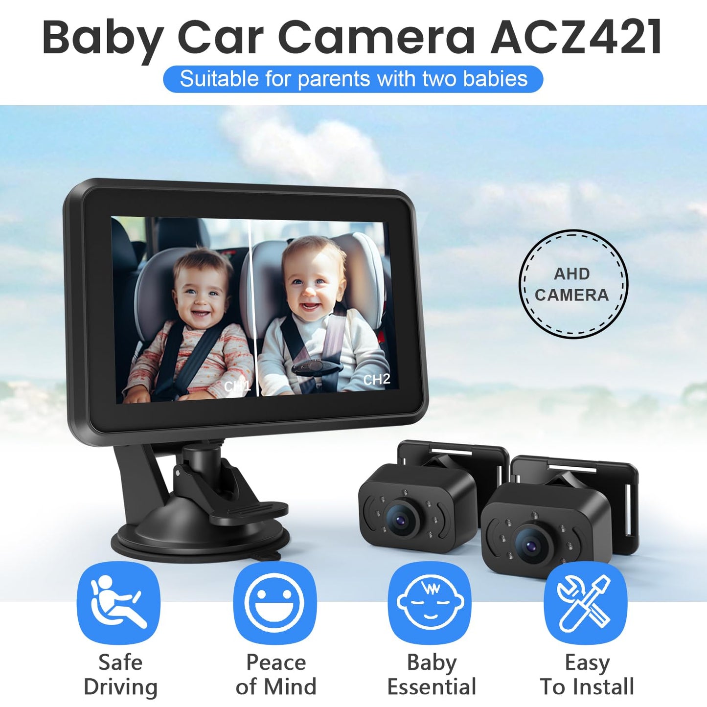 Itomoro Baby Car Mirror, HD Dual Channel with 2 IR Night Vision Camera, Easy 5 Min Installation for Rear Facing Seat