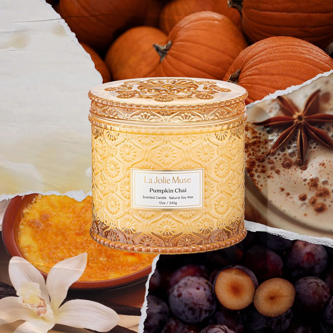 LA JOLIE MUSE Fall Candles – Pumpkin Candle with Spicy Chai & Vanilla | 12 oz Double Wick Soy Candle | 60 Hours Clean Burn | Autumn Home Décor & Hosting Gift