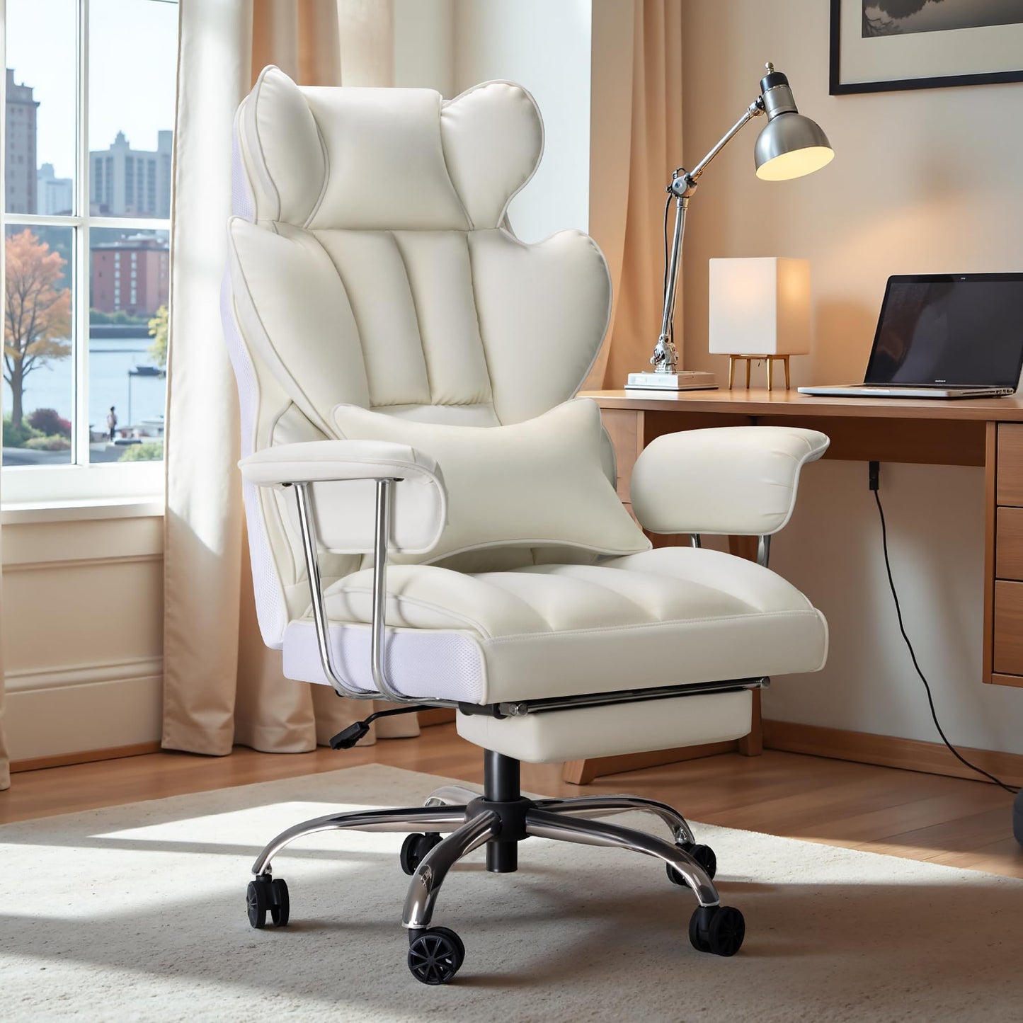 Furmax Big and Tall Office Chair, High Back Leather Gaming Chair with Footrest, Reclining Ergonomic Executive Chair with Lumbar Support for Heavy People 400lbs Home Office Desk Chairs (White)